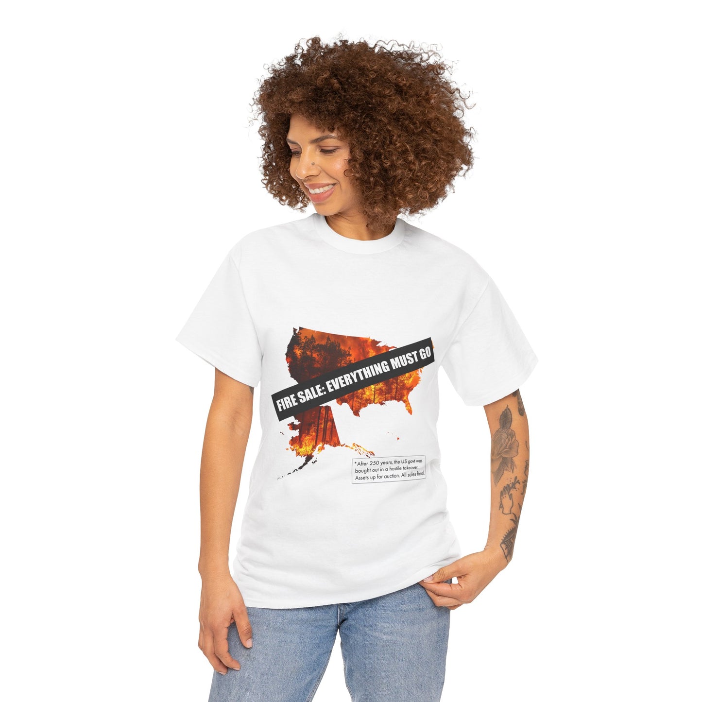 250th anniversary T-Shirt — USA on Fire Graphic Tee with “Fire Sale: Everything Must Go” Text
