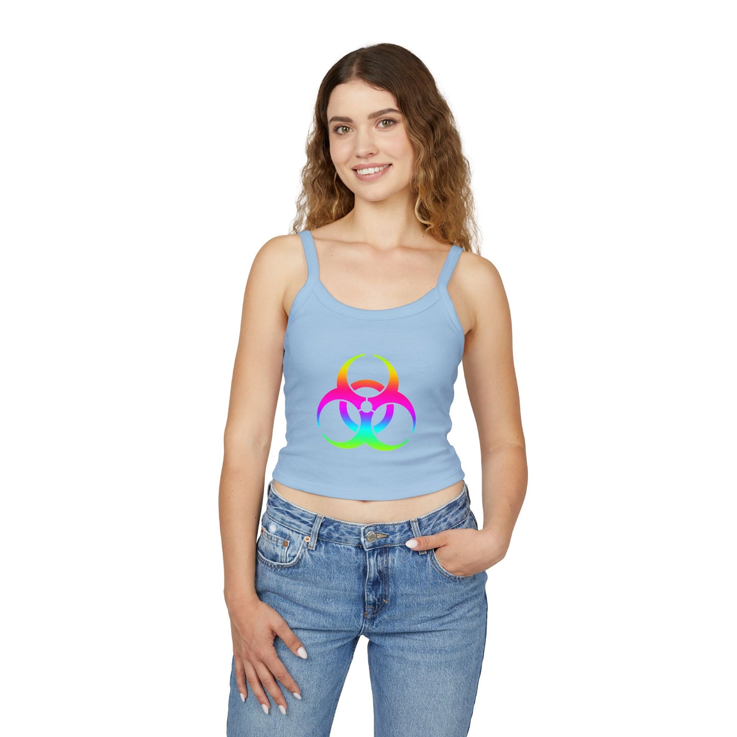 Rainbow Biohazard Crop Tank Top – Neon Hazard Symbol Spaghetti Strap