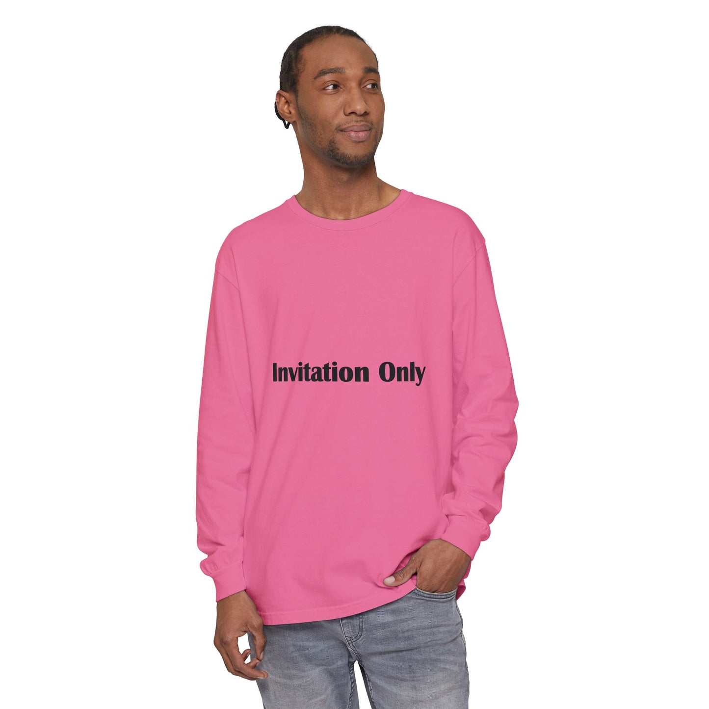 Invitation Only Long Sleeve Tee — Minimal Pink Text Graphic