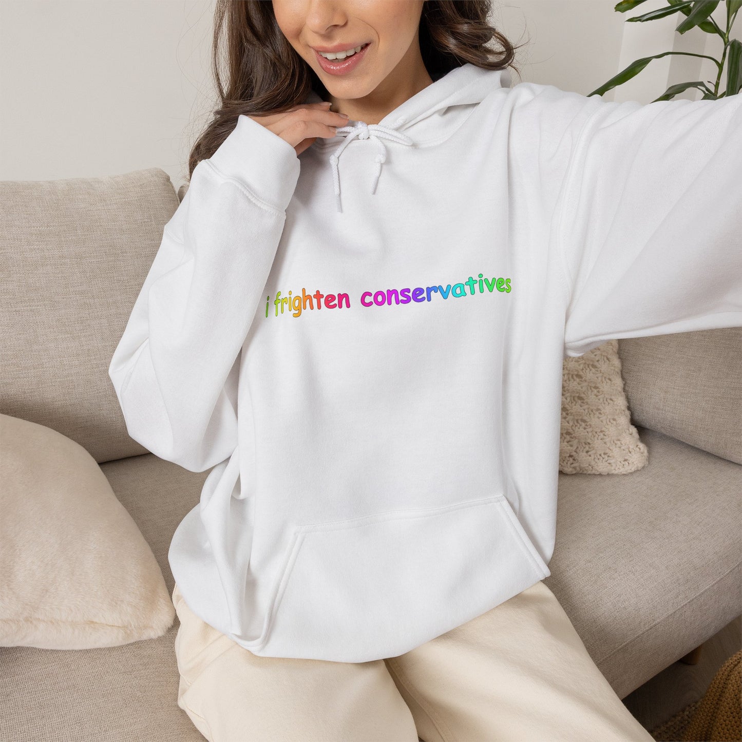 Hoodie — "I Frighten Conservatives" Rainbow Text Pullover