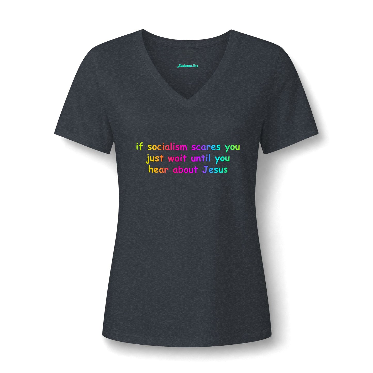 Women's V-Neck Tee — Socialist Jesus Ironic Graphic Shirt