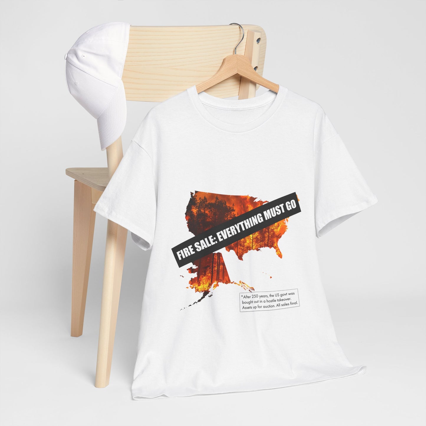 250th anniversary T-Shirt — USA on Fire Graphic Tee with “Fire Sale: Everything Must Go” Text