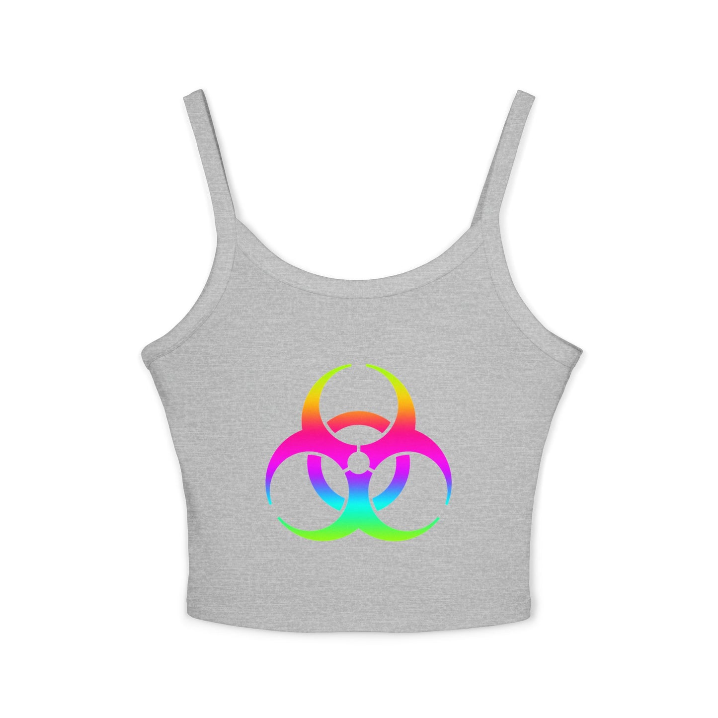Rainbow Biohazard Crop Tank Top – Neon Hazard Symbol Spaghetti Strap