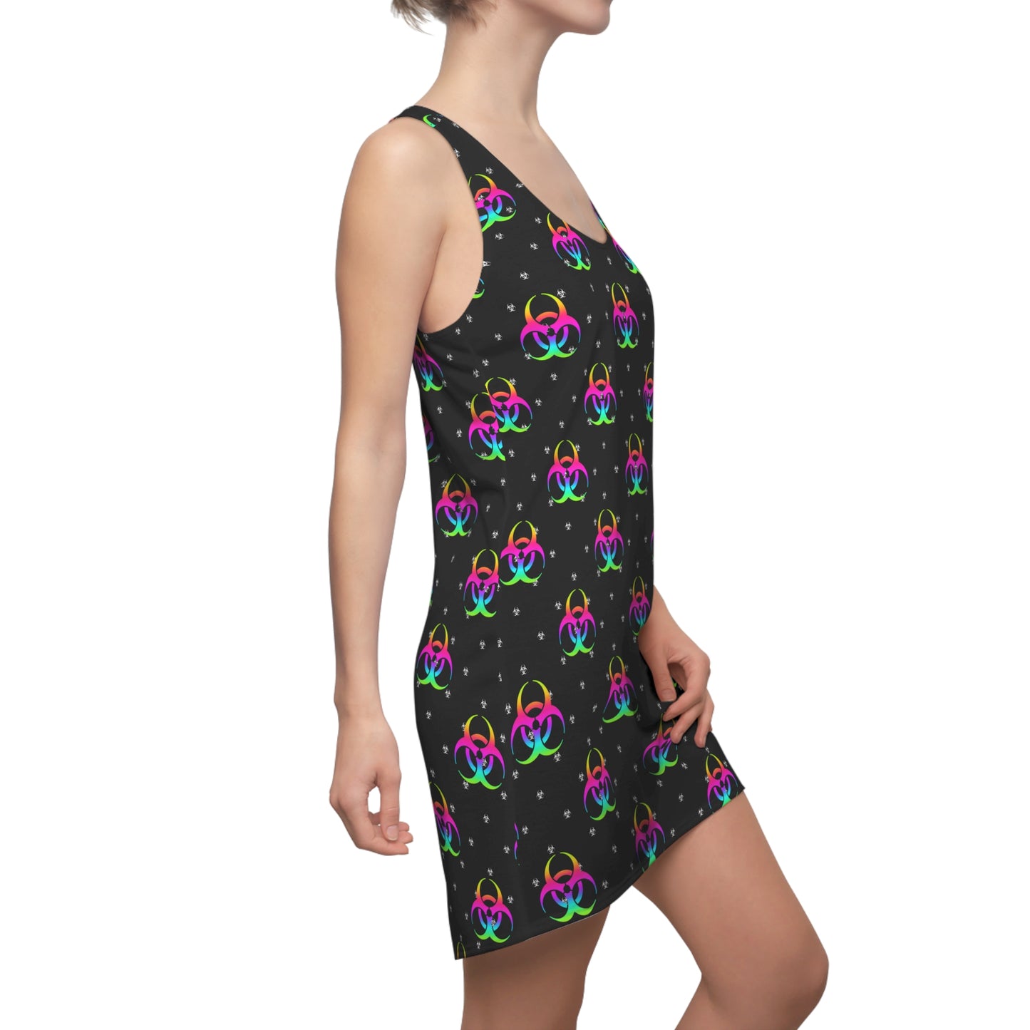 Neon Biohazard Racerback Dress — Black All-Over Print Clubwear