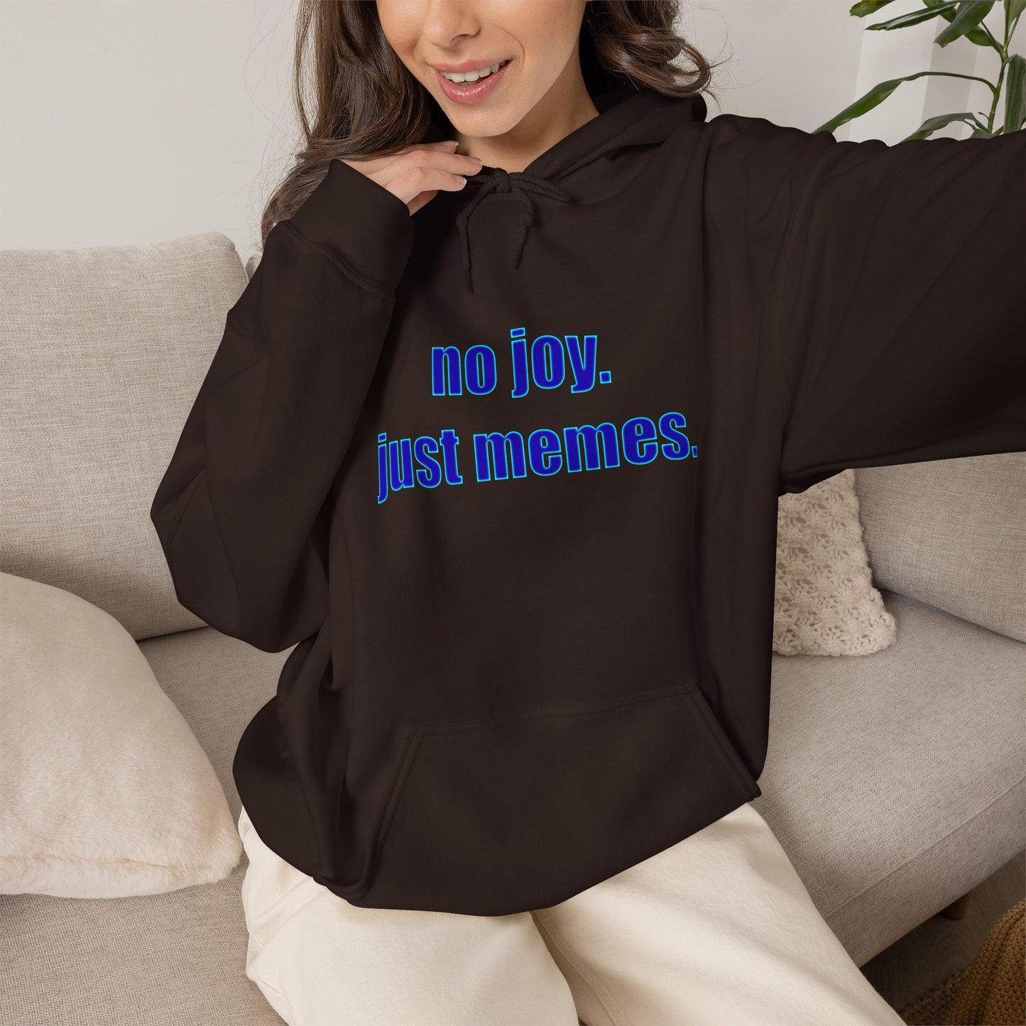Hoodie — "no joy. just memes." Minimal Meme Text Pullover