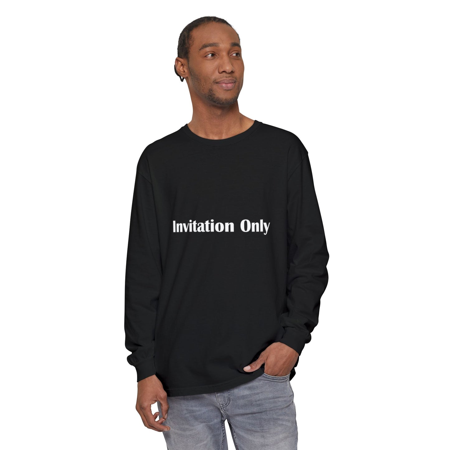 Invitation Only Long Sleeve Tee — Minimal Pink Text Graphic