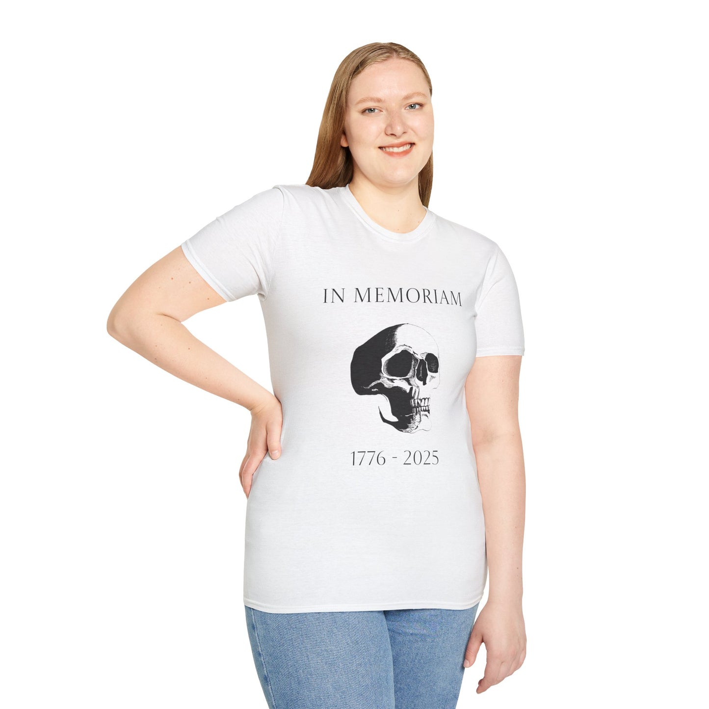 In Memoriam Skull Graphic T-Shirt, Unisex Casual Tee in Remembrance for the Death of Liberty