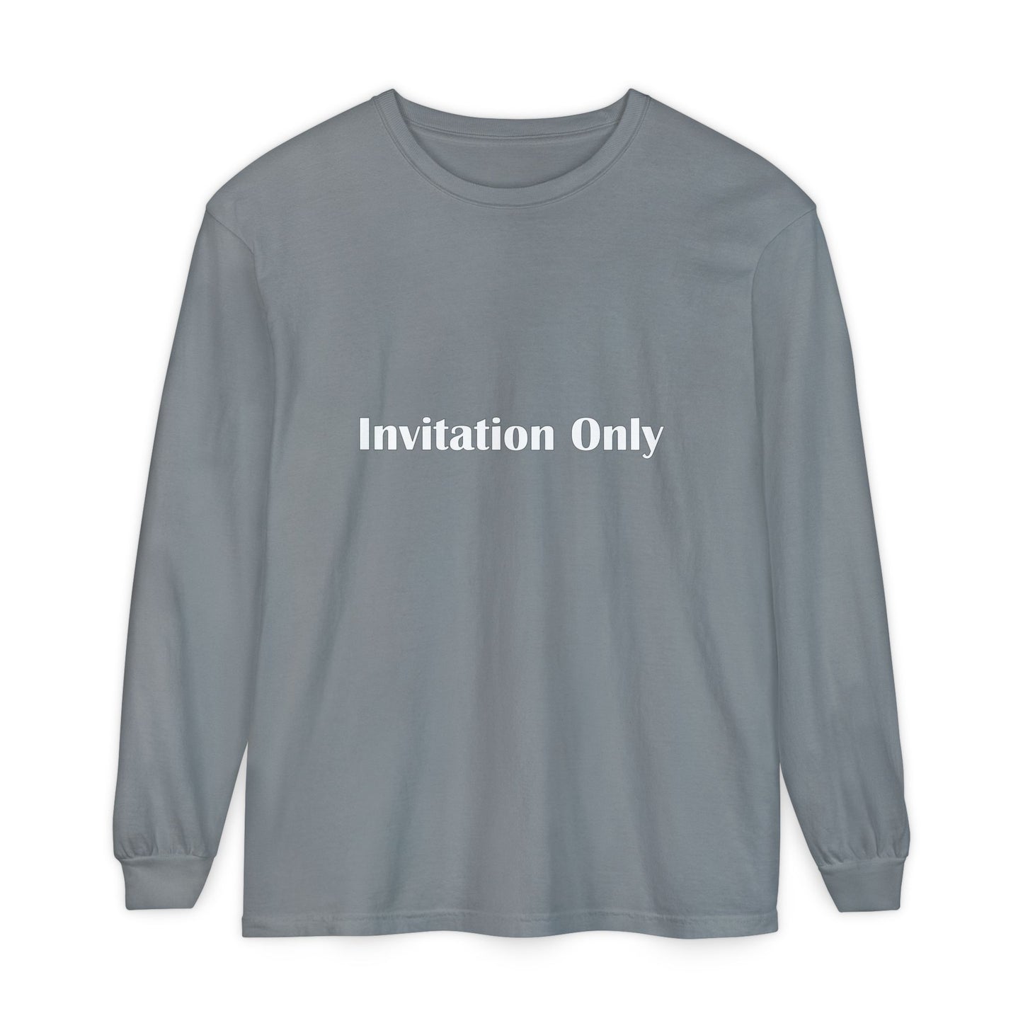 Invitation Only Long Sleeve Tee — Minimal Pink Text Graphic