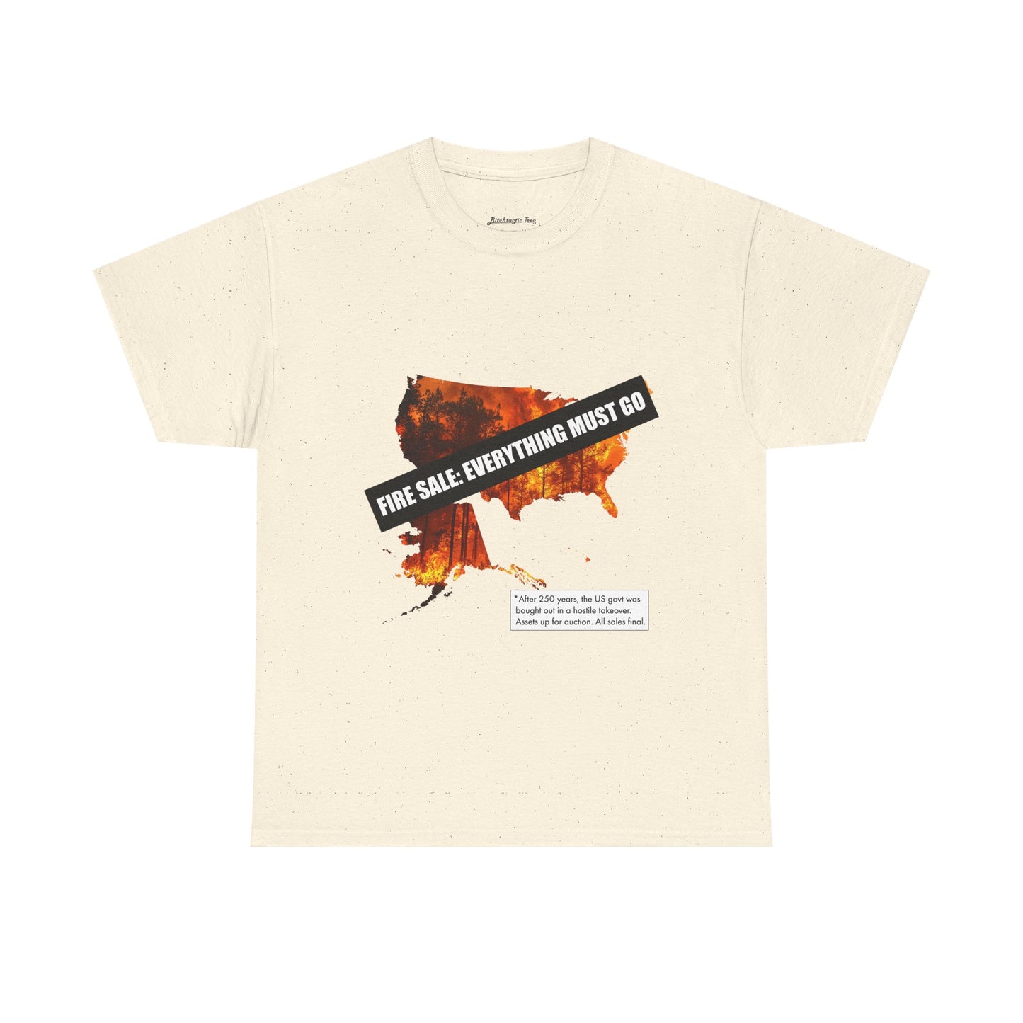 250th anniversary T-Shirt — USA on Fire Graphic Tee with “Fire Sale: Everything Must Go” Text