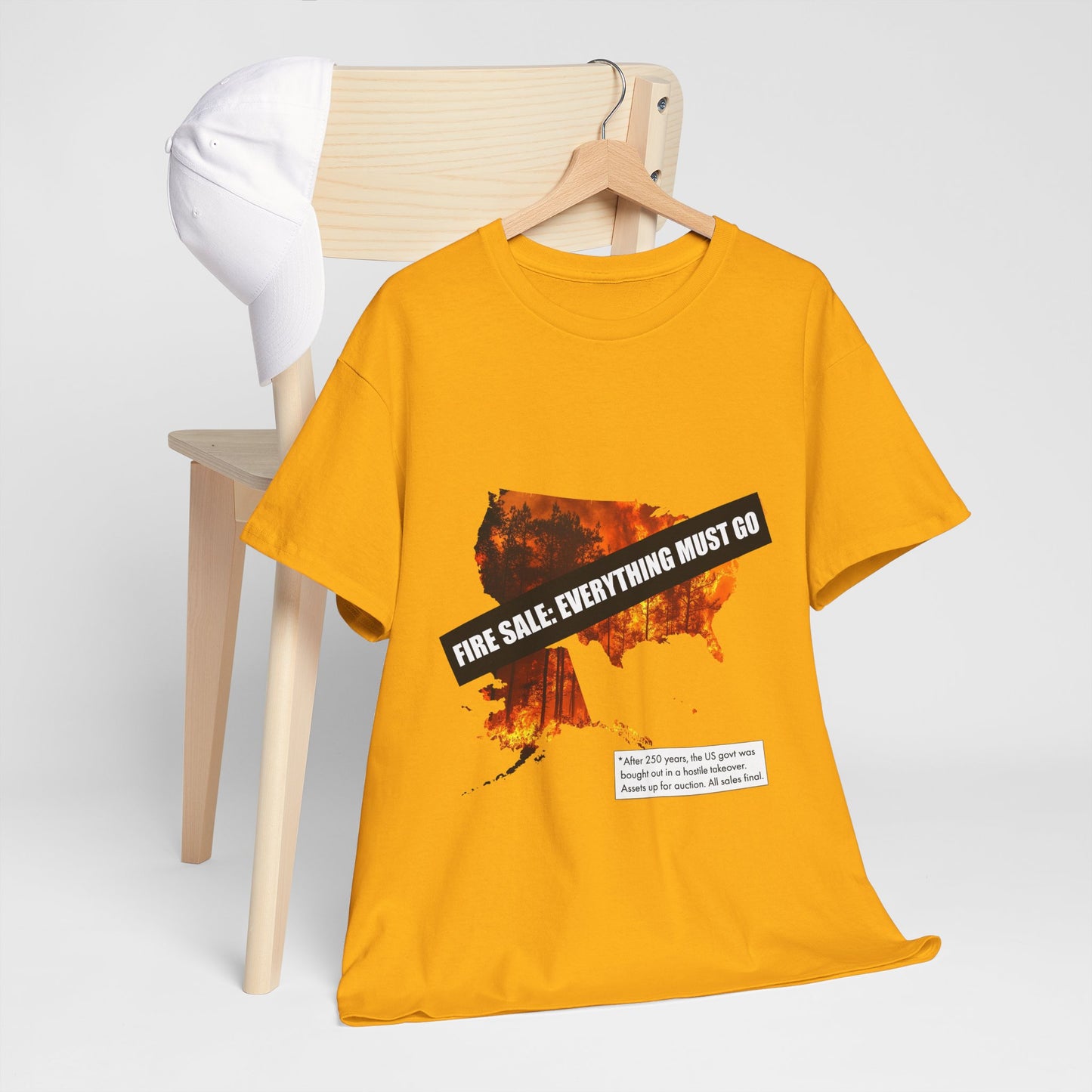 250th anniversary T-Shirt — USA on Fire Graphic Tee with “Fire Sale: Everything Must Go” Text