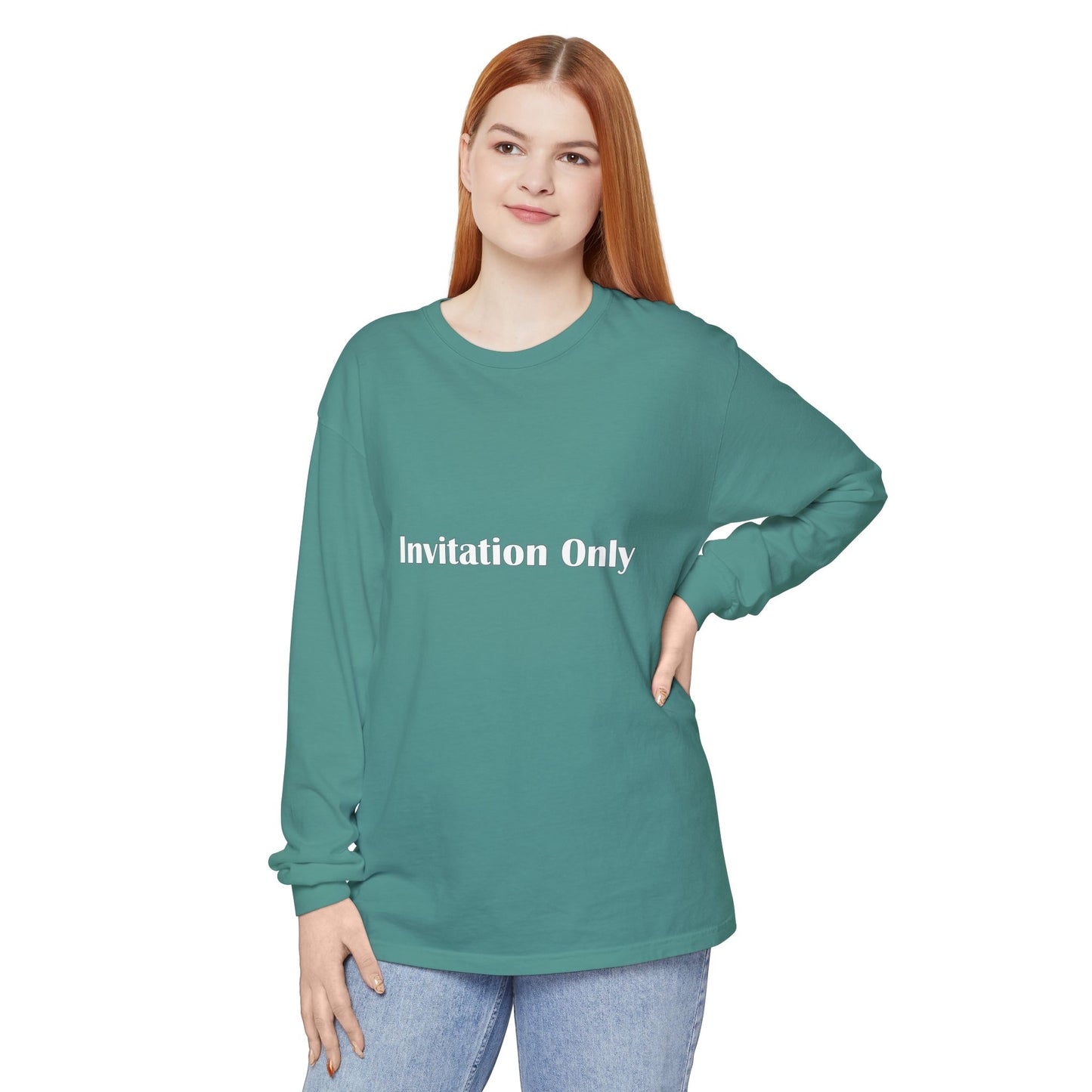 Invitation Only Long Sleeve Tee — Minimal Pink Text Graphic