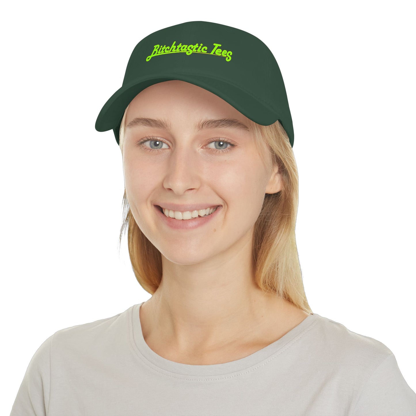 Printed "Bitchtastic Tees" Low Profile Baseball Cap — Retro Script Logo Hat