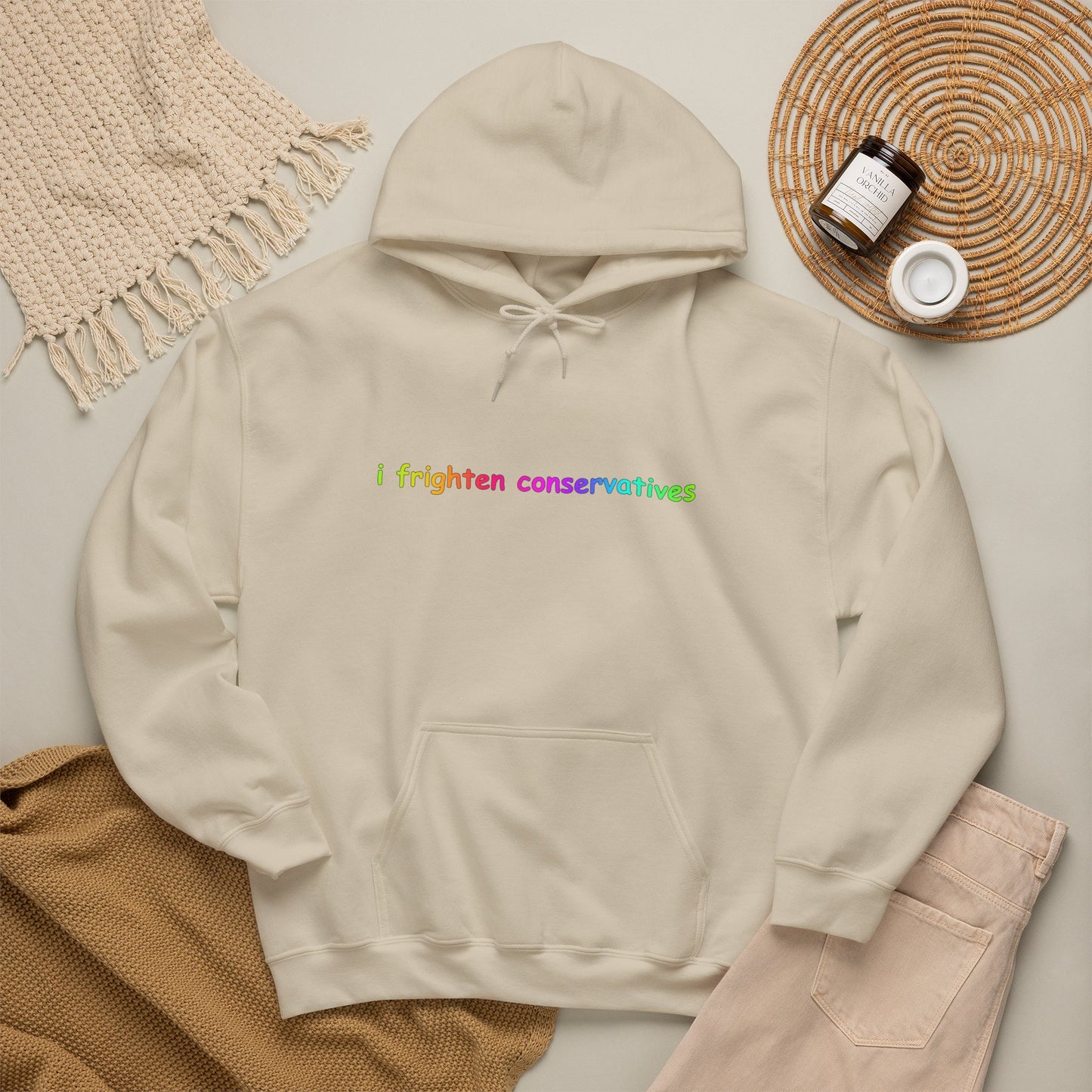 Hoodie — "I Frighten Conservatives" Rainbow Text Pullover