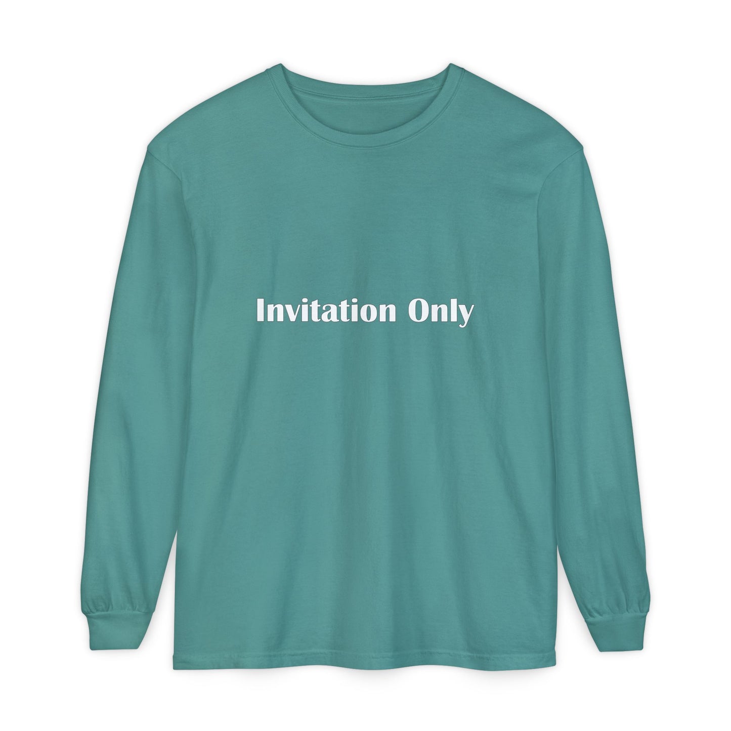 Invitation Only Long Sleeve Tee — Minimal Pink Text Graphic