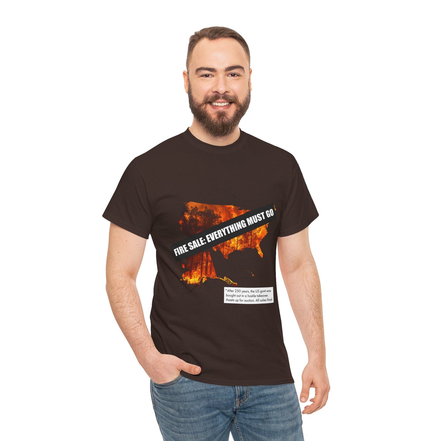 250th anniversary T-Shirt — USA on Fire Graphic Tee with “Fire Sale: Everything Must Go” Text