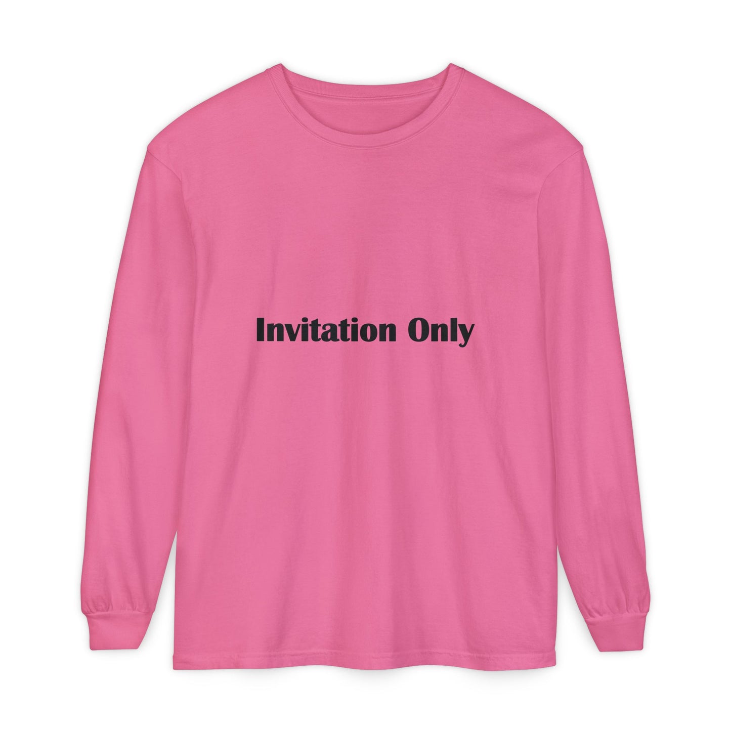 Invitation Only Long Sleeve Tee — Minimal Pink Text Graphic