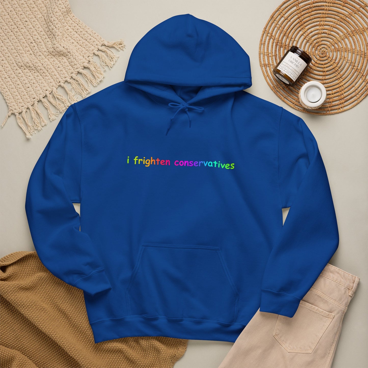 Hoodie — "I Frighten Conservatives" Rainbow Text Pullover