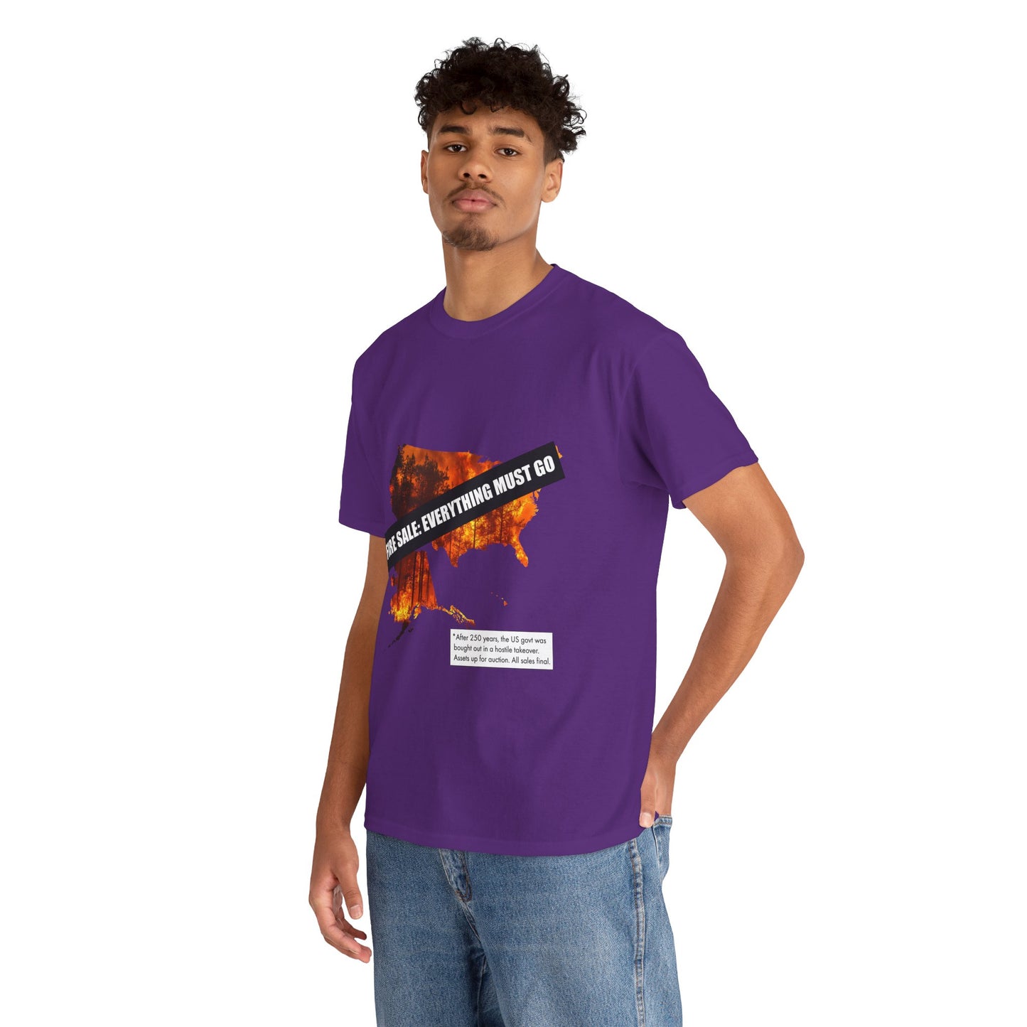 250th anniversary T-Shirt — USA on Fire Graphic Tee with “Fire Sale: Everything Must Go” Text