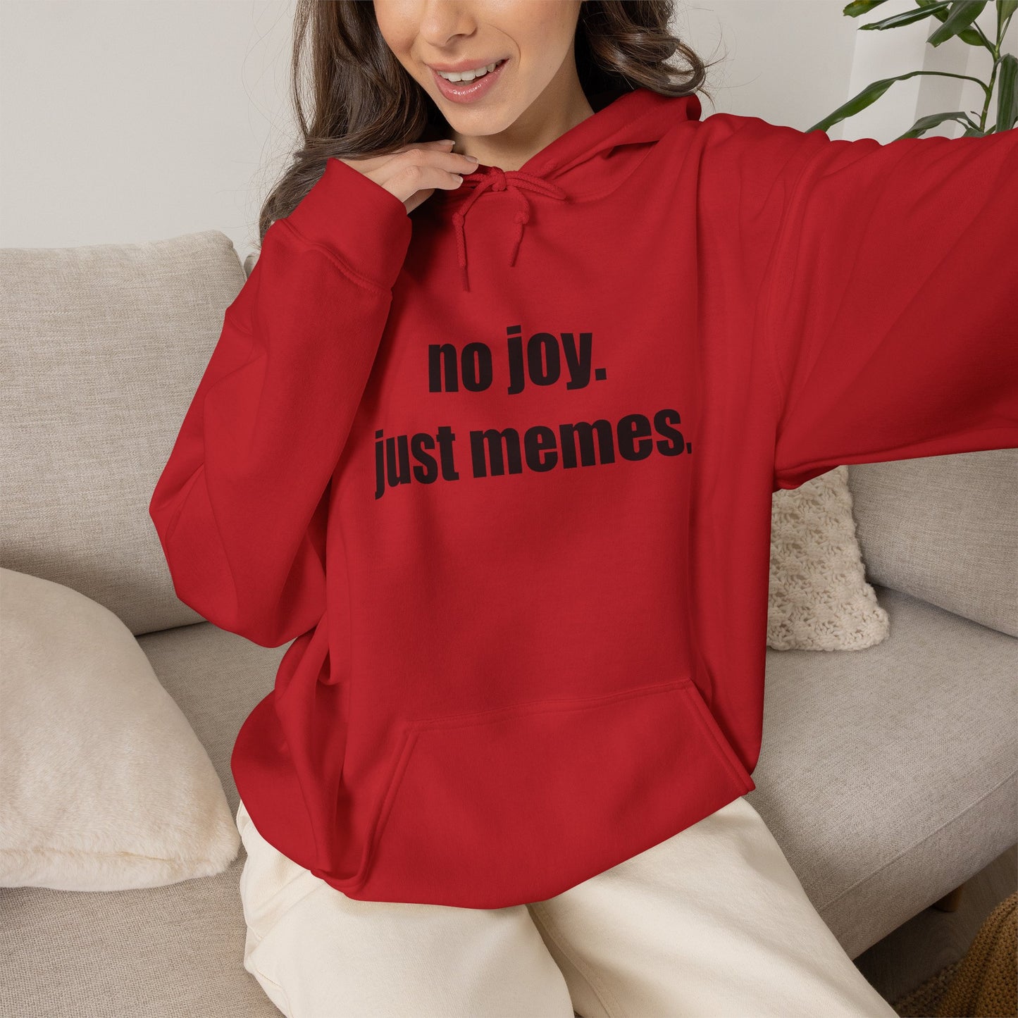 Hoodie — "no joy. just memes." Minimal Meme Text Pullover