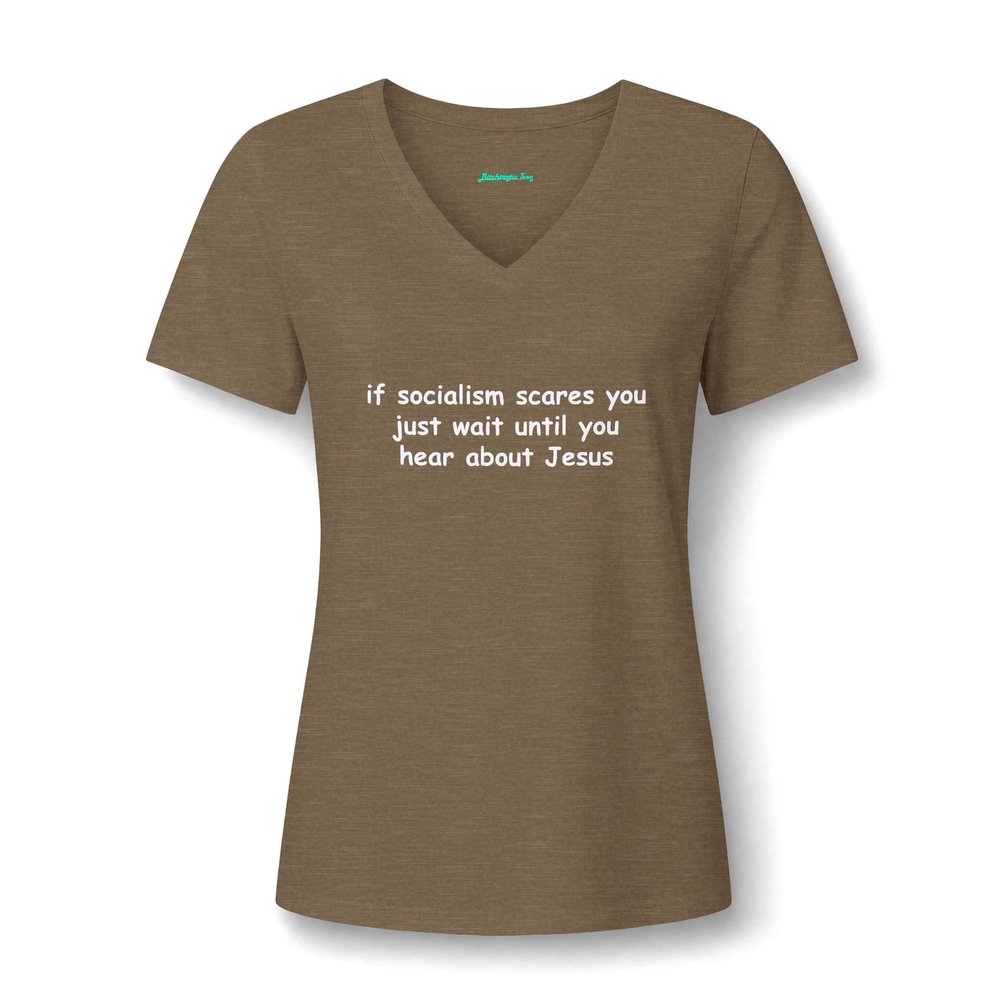 Women's V-Neck Tee — Socialist Jesus Ironic Graphic Shirt