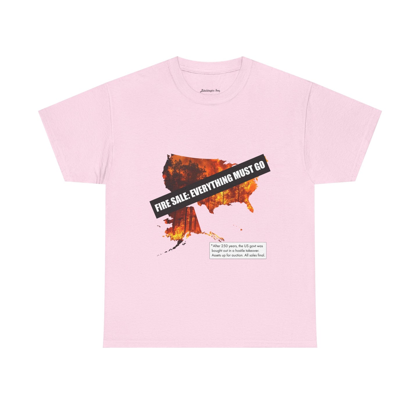 250th anniversary T-Shirt — USA on Fire Graphic Tee with “Fire Sale: Everything Must Go” Text