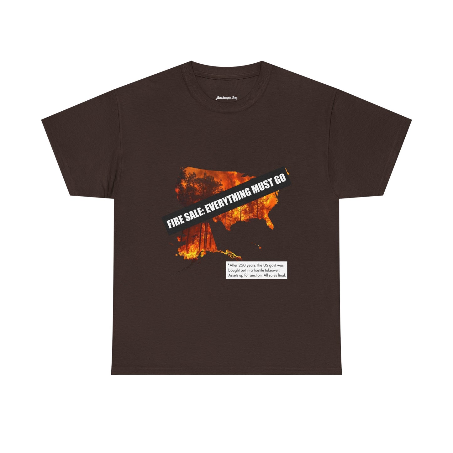 250th anniversary T-Shirt — USA on Fire Graphic Tee with “Fire Sale: Everything Must Go” Text