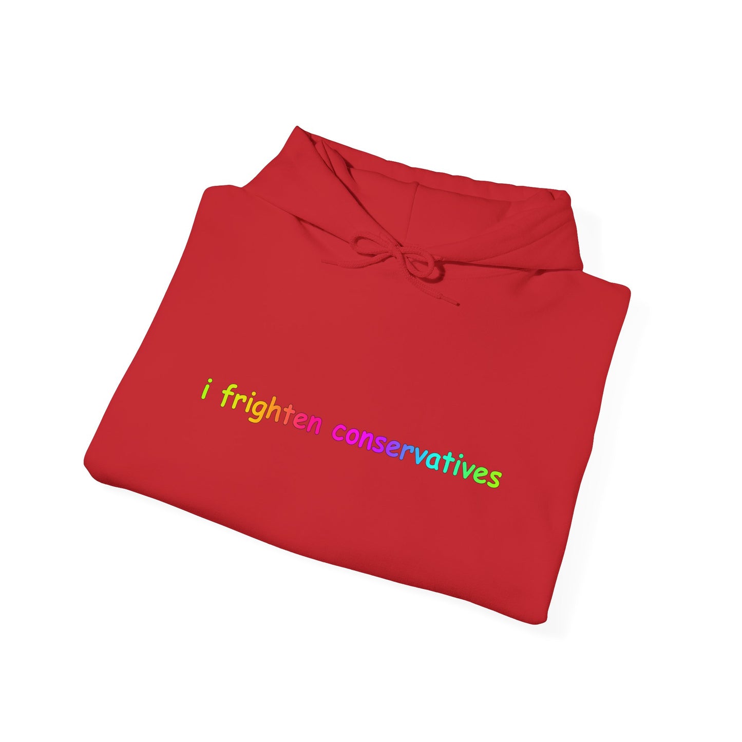 Hoodie — "I Frighten Conservatives" Rainbow Text Pullover