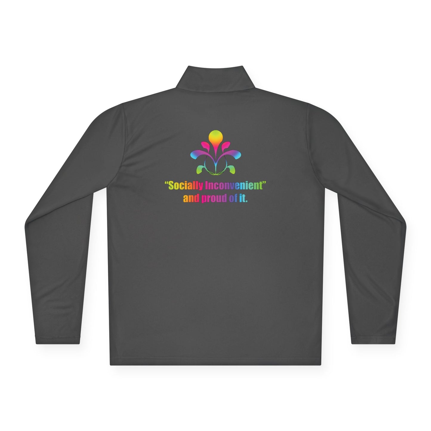 Quarter-Zip Pullover — Colorful Retro Flower Graphic with "Socially Inconvenient" Text