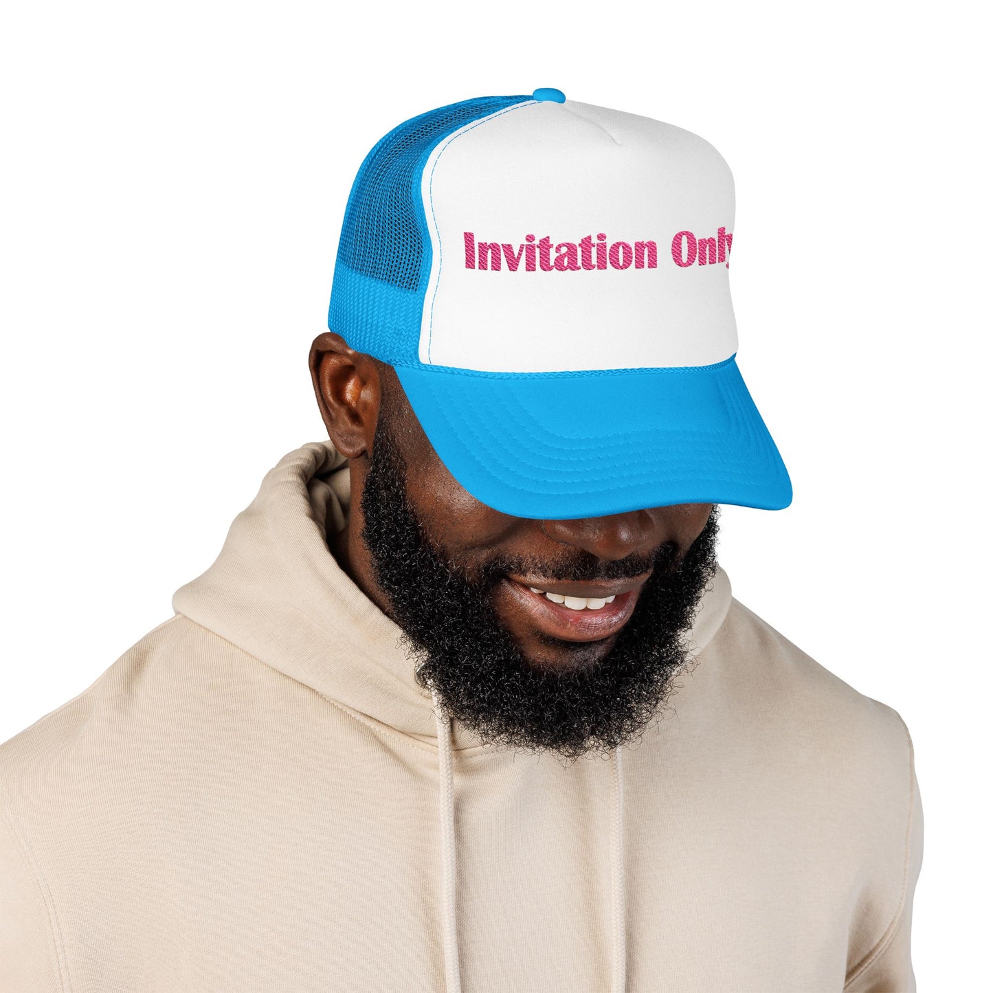 Invitation Only Trucker Hat — Pink Text Foam Cap