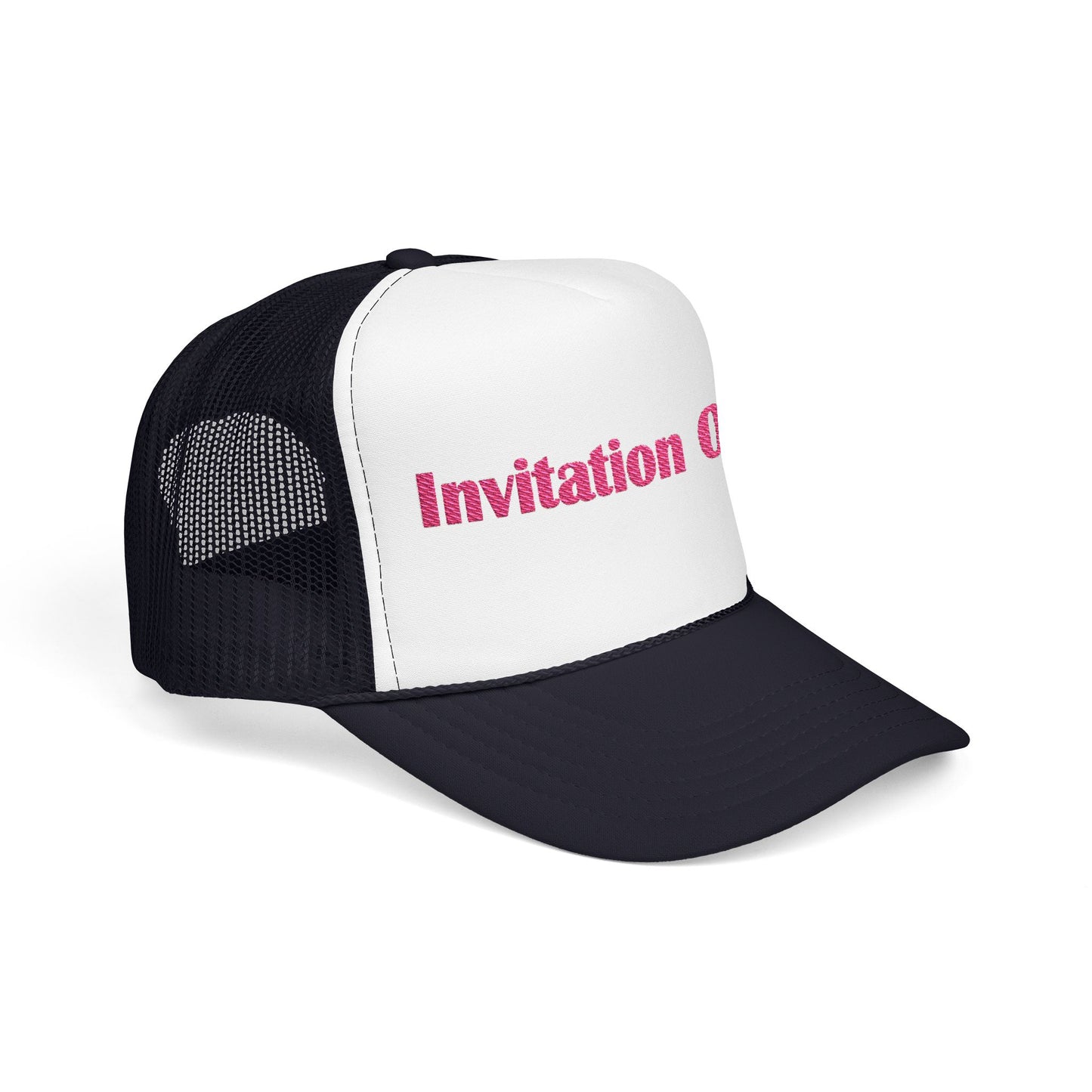 Invitation Only Trucker Hat — Pink Text Foam Cap