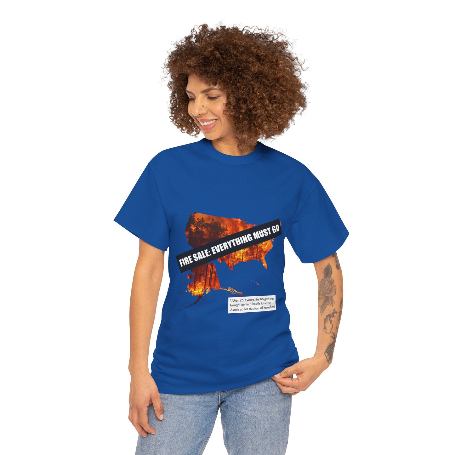 250th anniversary T-Shirt — USA on Fire Graphic Tee with “Fire Sale: Everything Must Go” Text