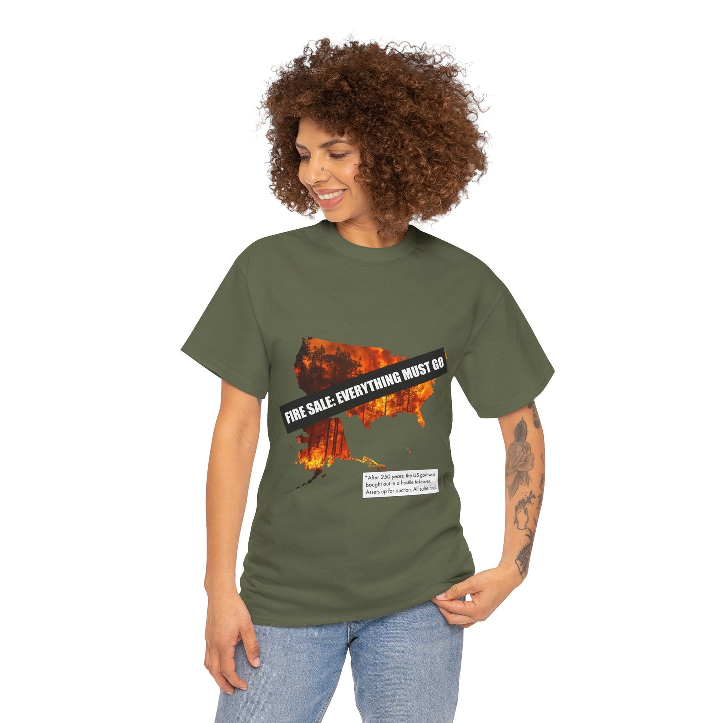 250th anniversary T-Shirt — USA on Fire Graphic Tee with “Fire Sale: Everything Must Go” Text
