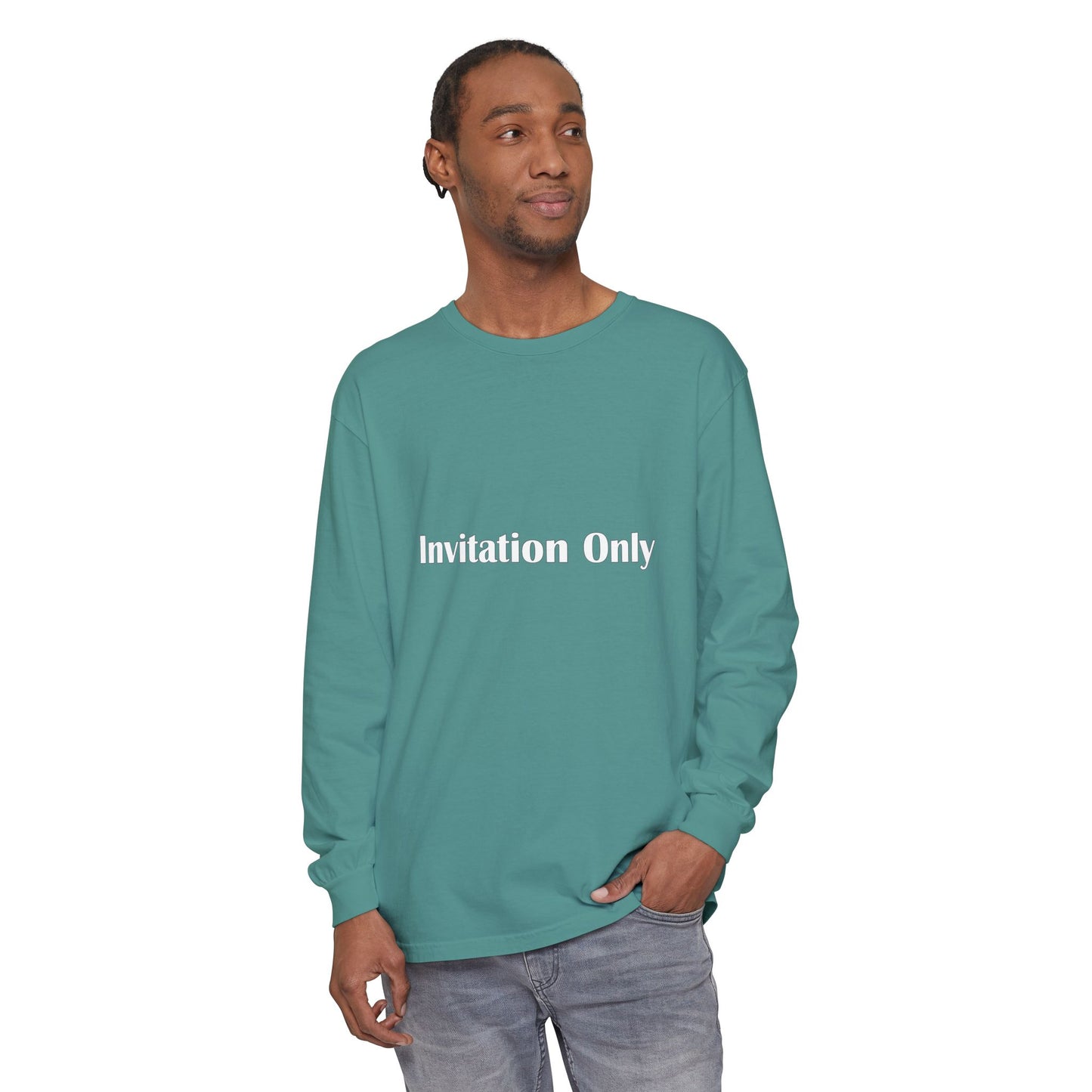 Invitation Only Long Sleeve Tee — Minimal Pink Text Graphic