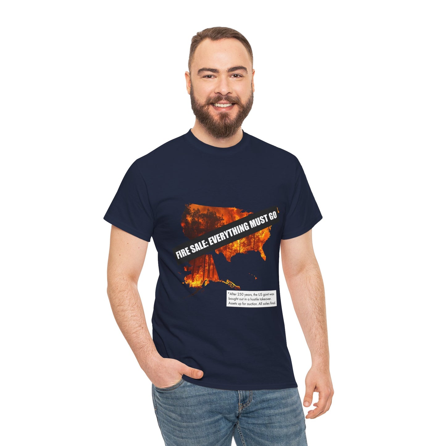 250th anniversary T-Shirt — USA on Fire Graphic Tee with “Fire Sale: Everything Must Go” Text