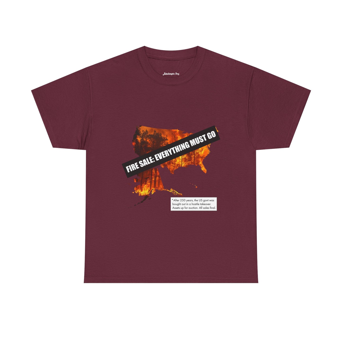 250th anniversary T-Shirt — USA on Fire Graphic Tee with “Fire Sale: Everything Must Go” Text