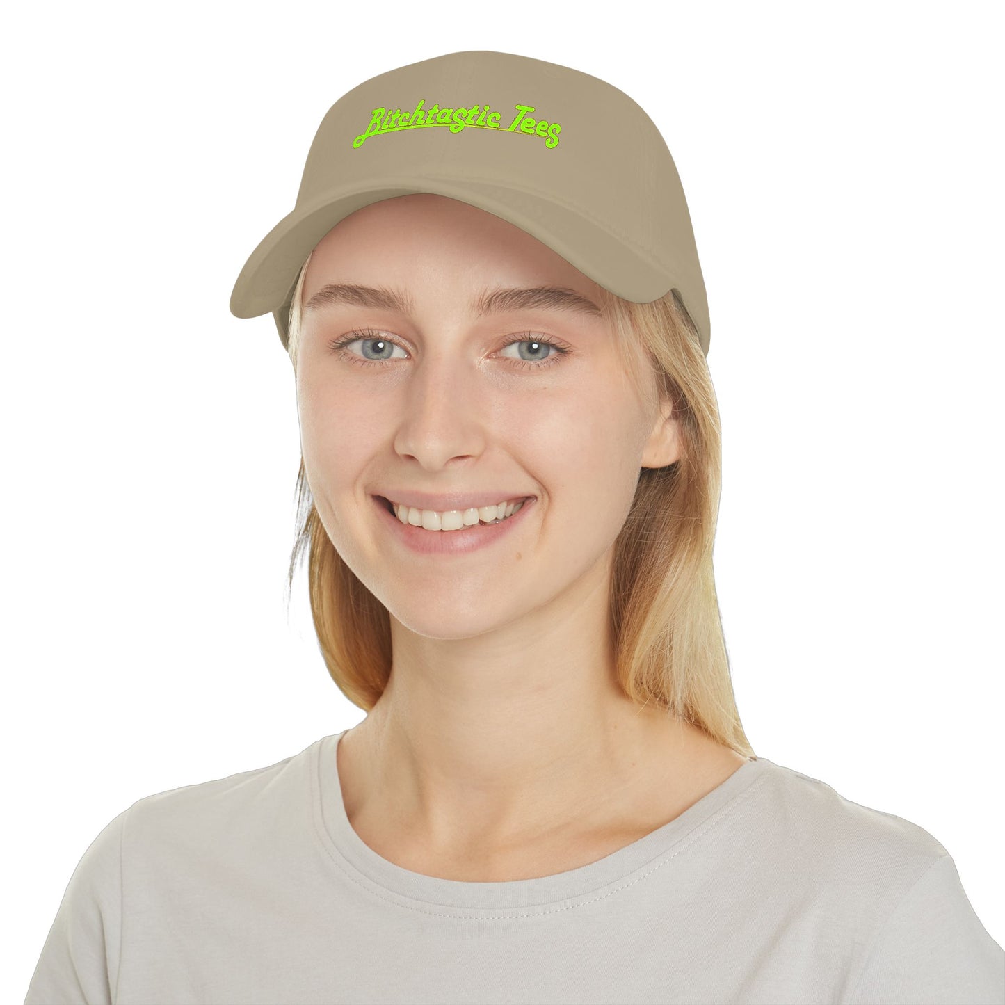 Printed "Bitchtastic Tees" Low Profile Baseball Cap — Retro Script Logo Hat