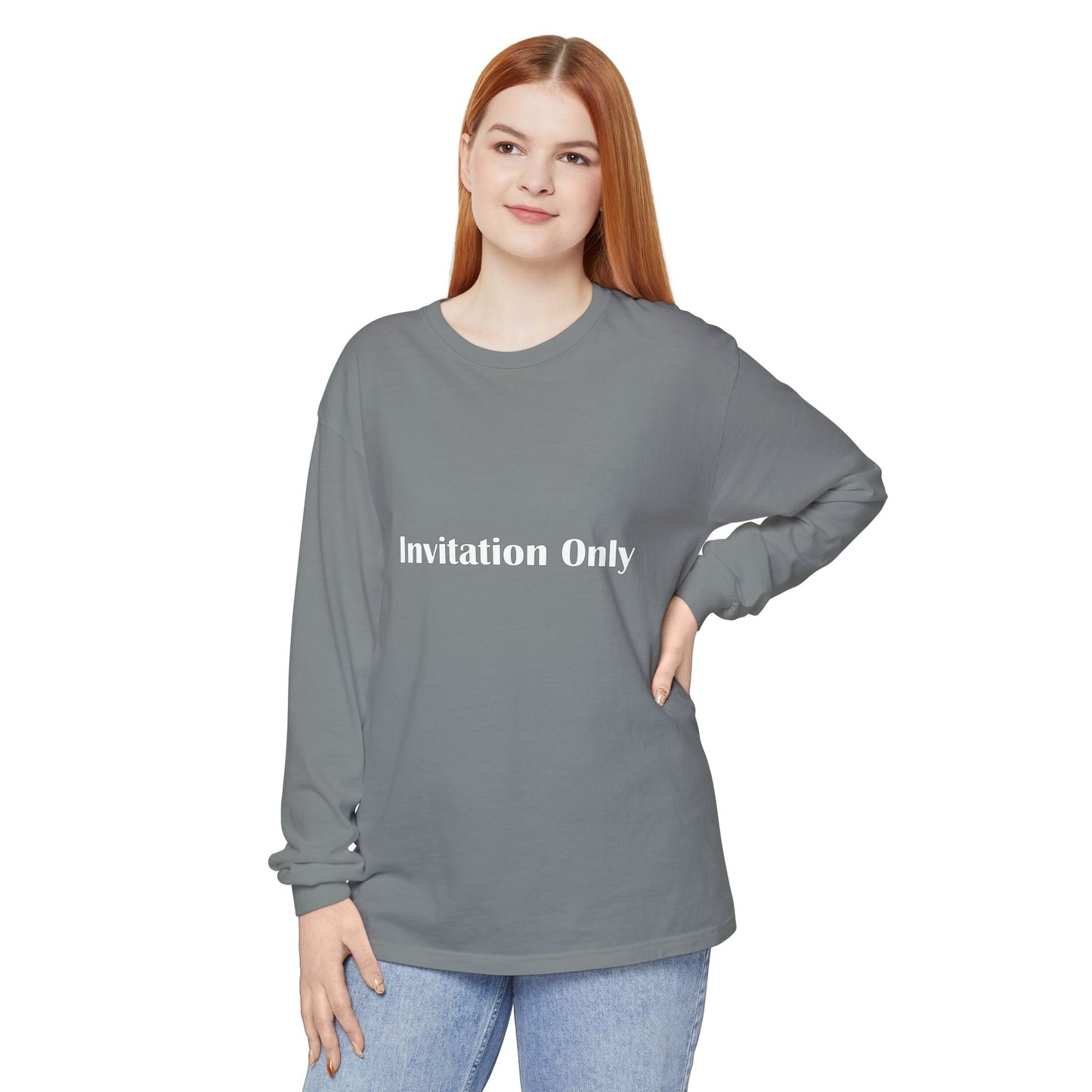 Invitation Only Long Sleeve Tee — Minimal Pink Text Graphic