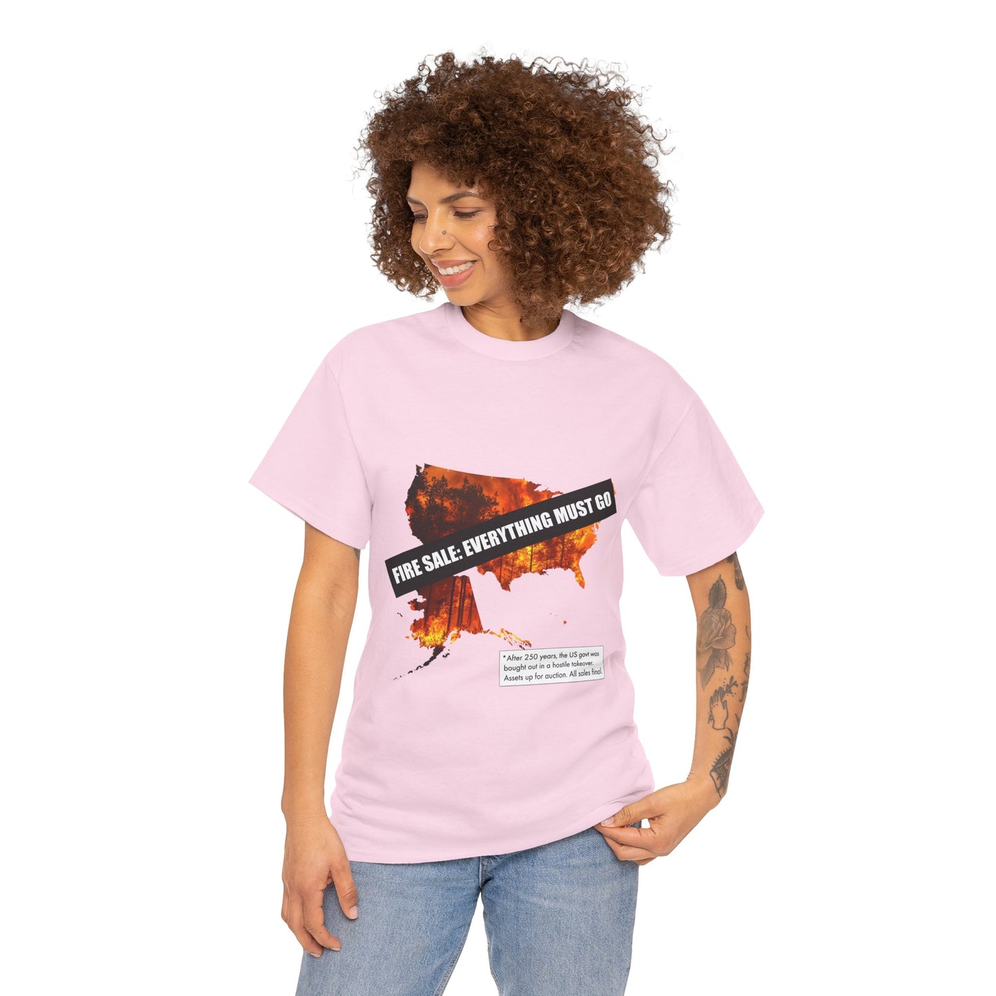 250th anniversary T-Shirt — USA on Fire Graphic Tee with “Fire Sale: Everything Must Go” Text