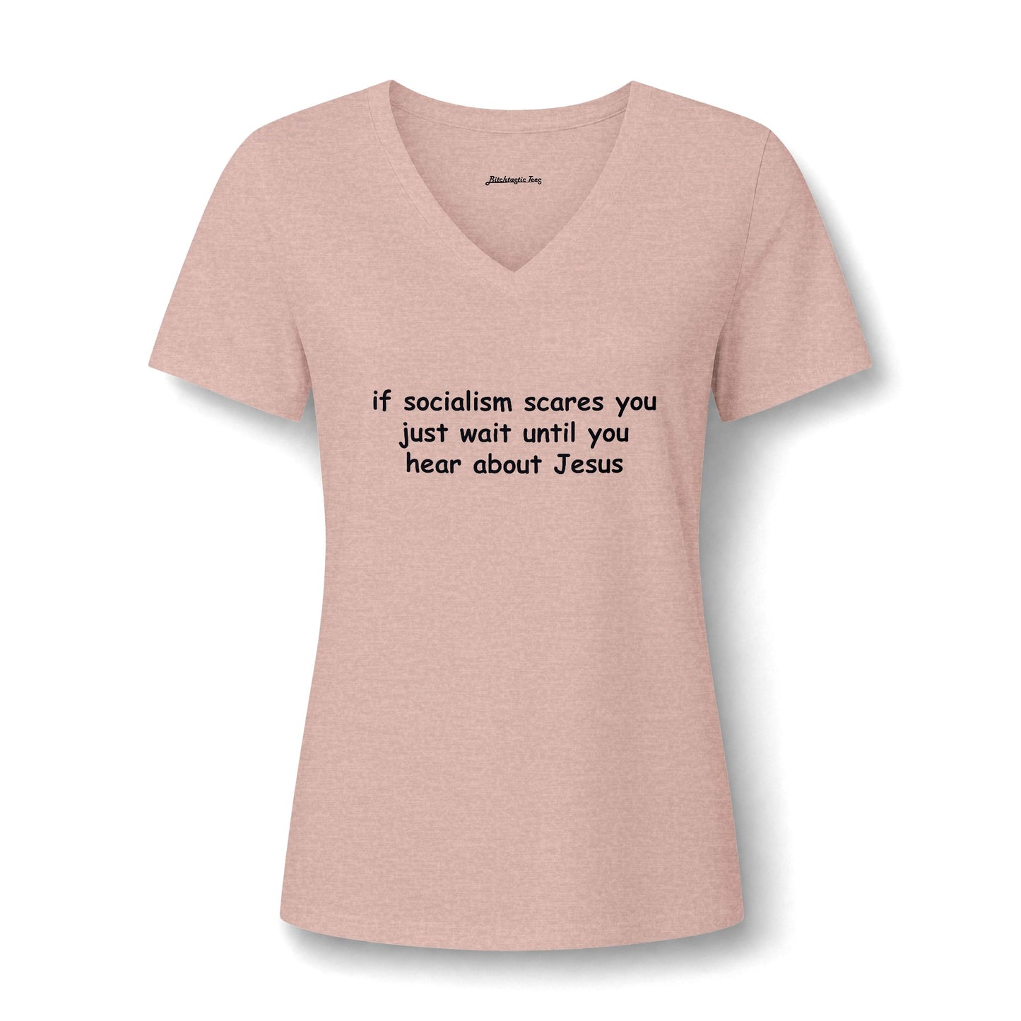 Women's V-Neck Tee — Socialist Jesus Ironic Graphic Shirt
