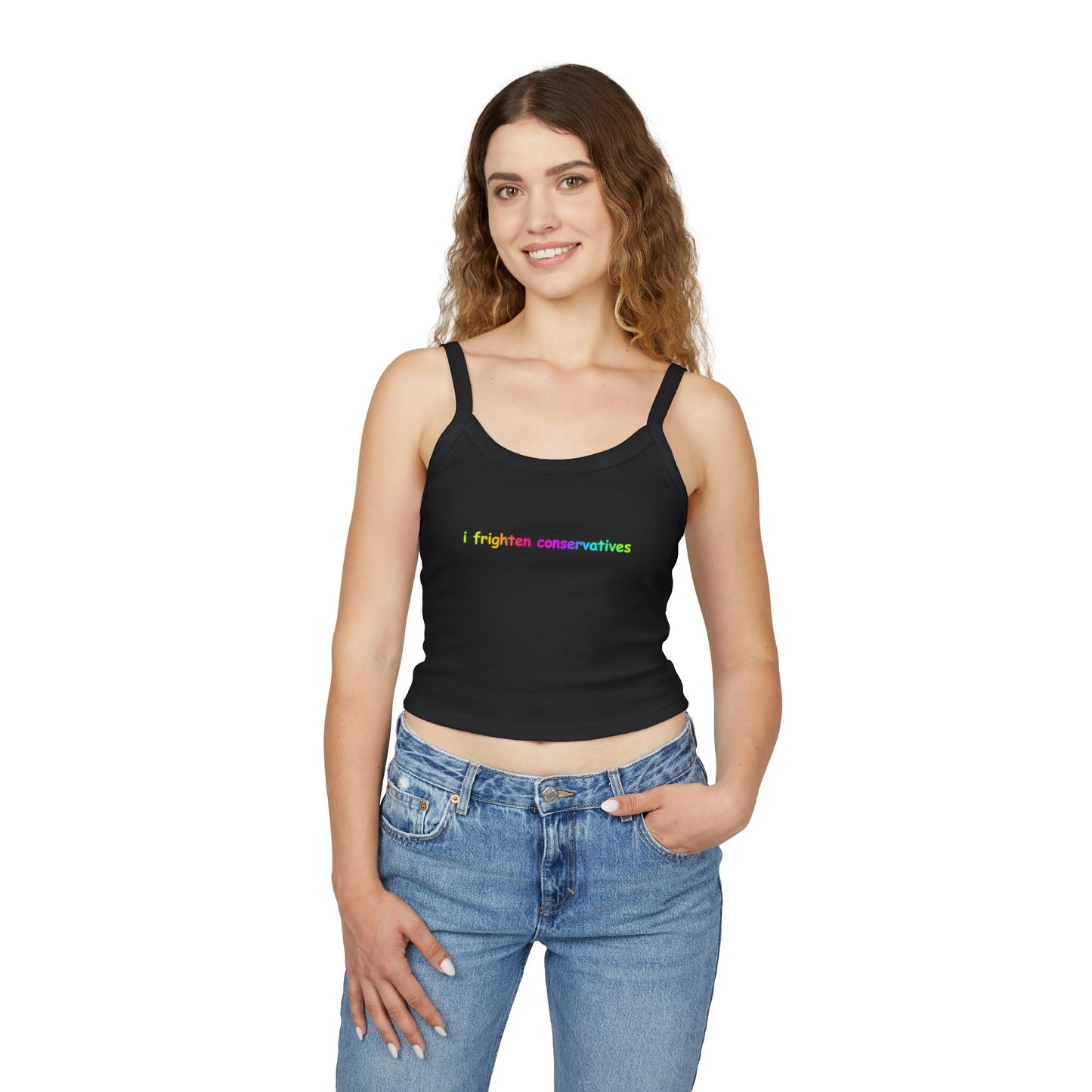 Spaghetti Tank Top — "I Frighten Conservatives" Colorful Feminist Crop