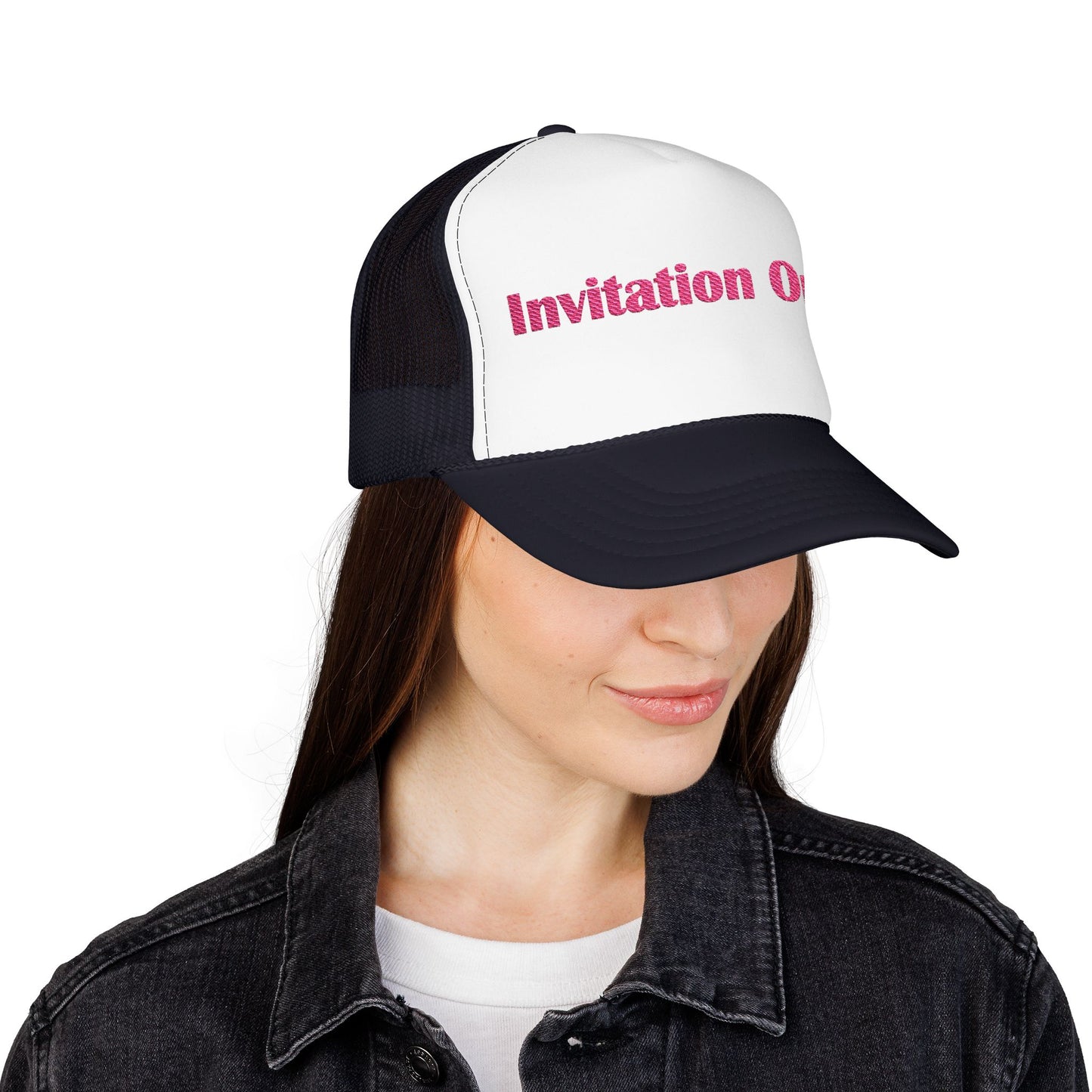 Invitation Only Trucker Hat — Pink Text Foam Cap
