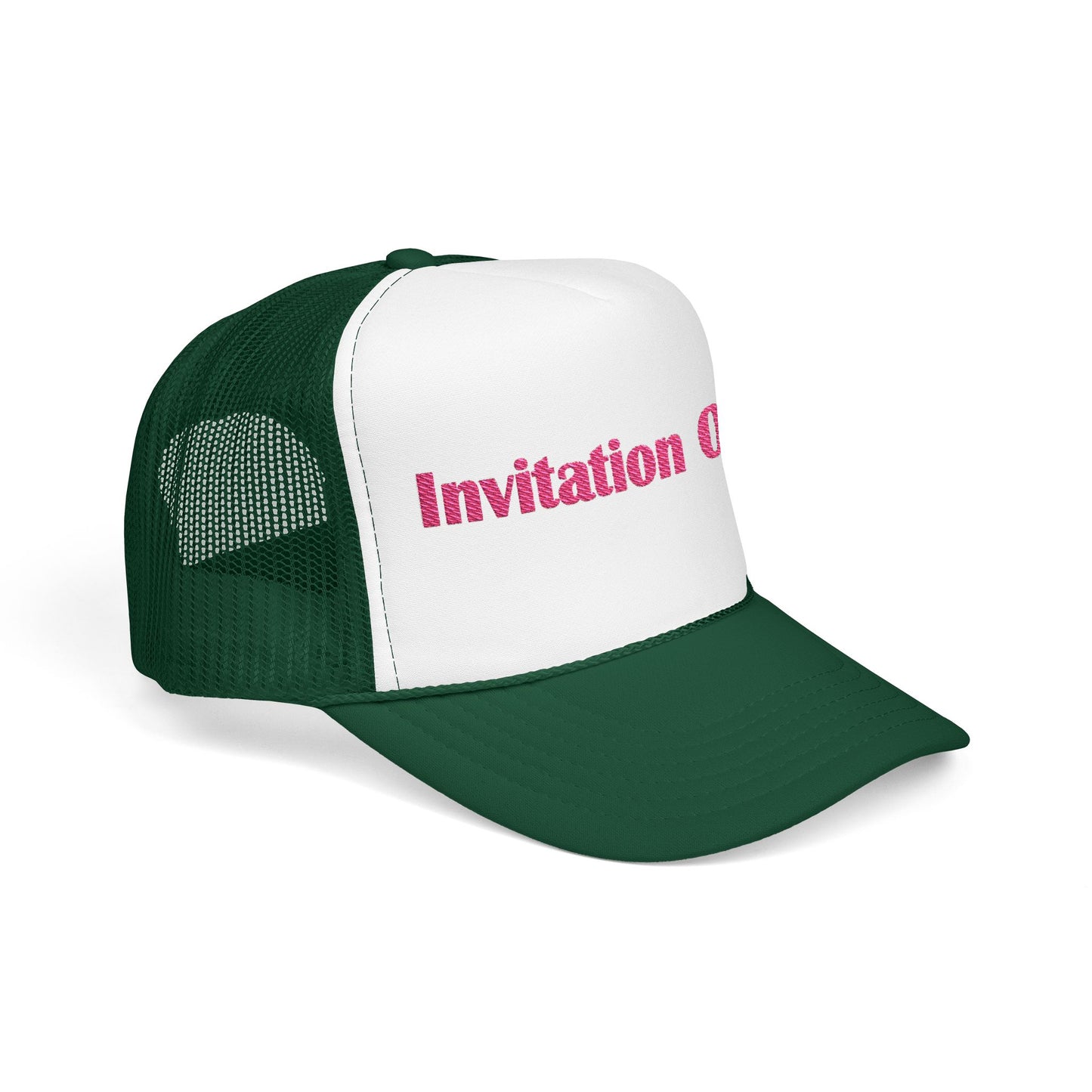 Invitation Only Trucker Hat — Pink Text Foam Cap