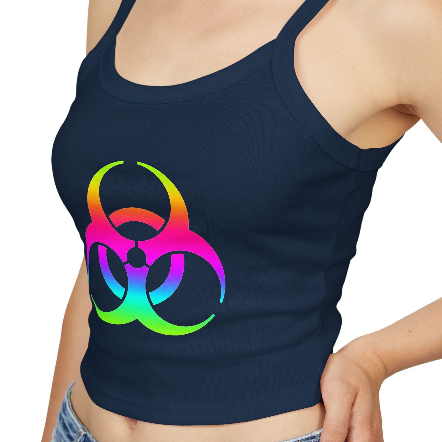 Rainbow Biohazard Crop Tank Top – Neon Hazard Symbol Spaghetti Strap