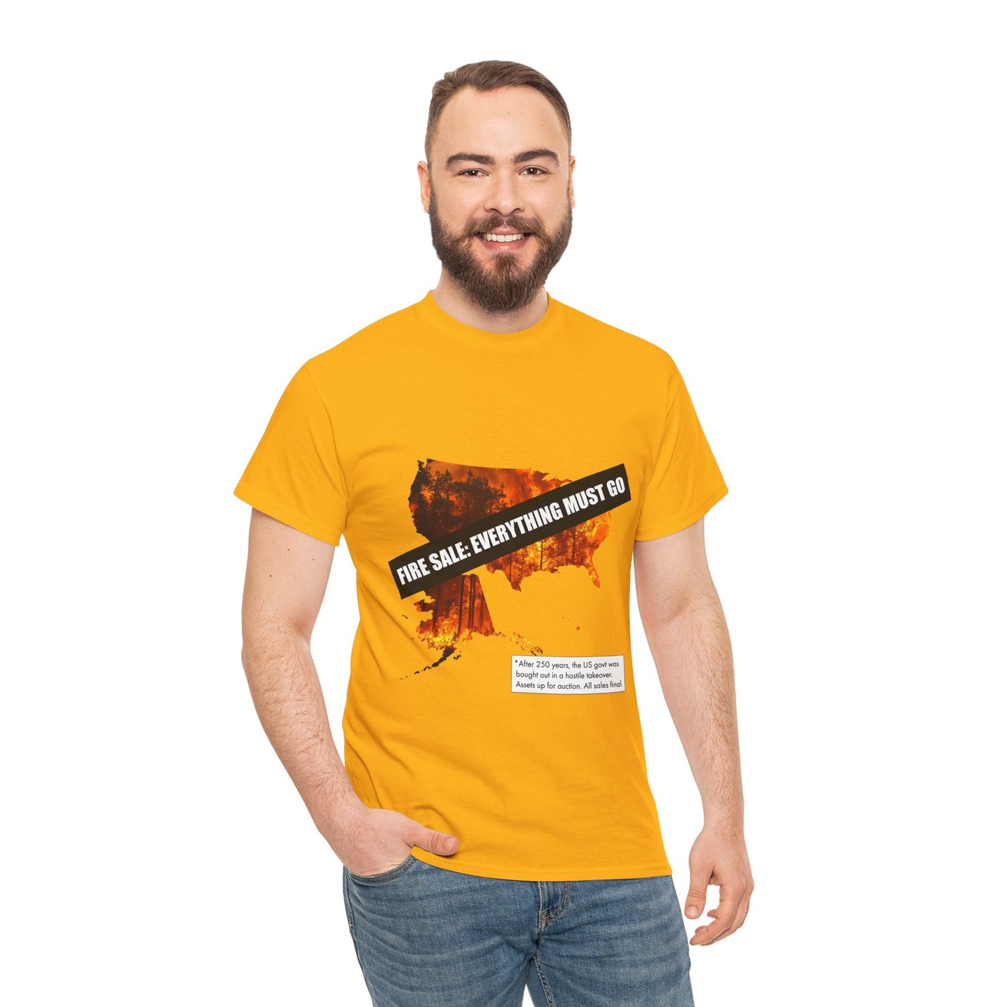 250th anniversary T-Shirt — USA on Fire Graphic Tee with “Fire Sale: Everything Must Go” Text