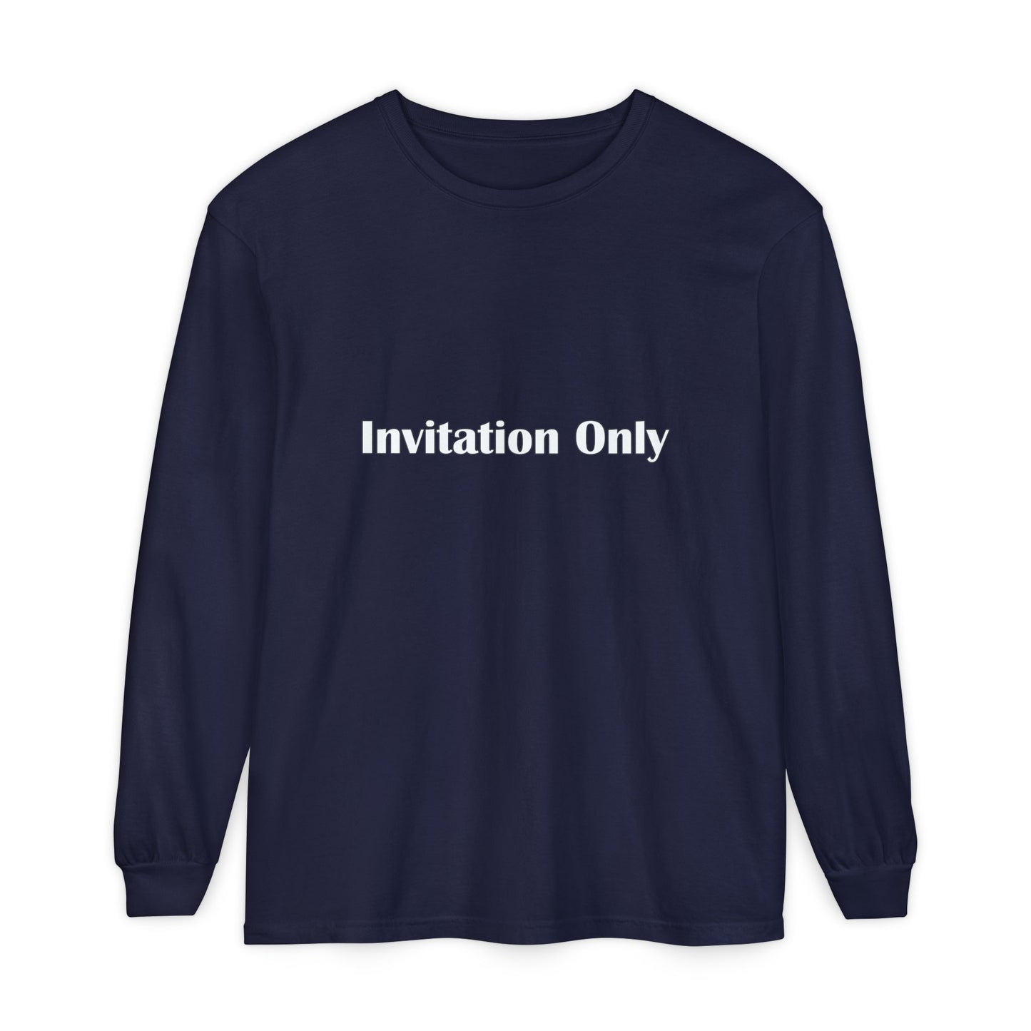Invitation Only Long Sleeve Tee — Minimal Pink Text Graphic