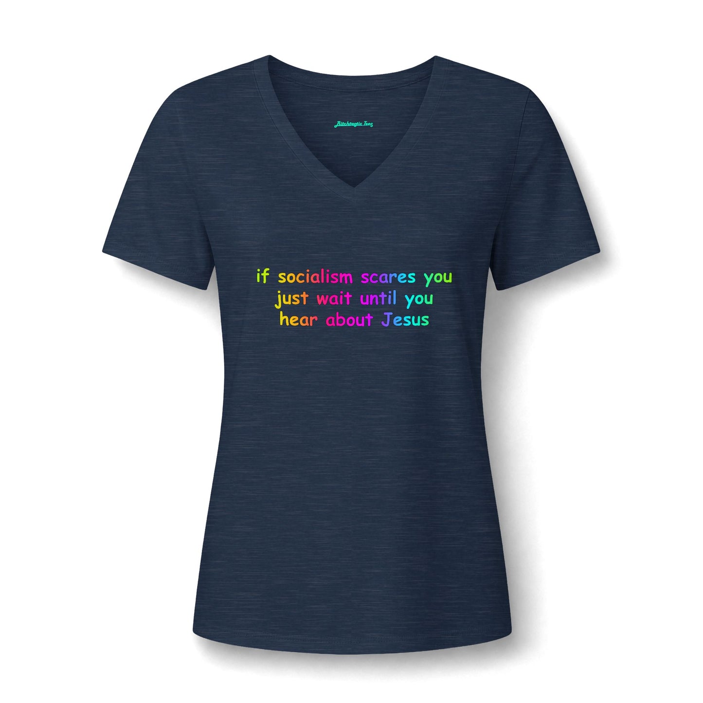 Women's V-Neck Tee — Socialist Jesus Ironic Graphic Shirt