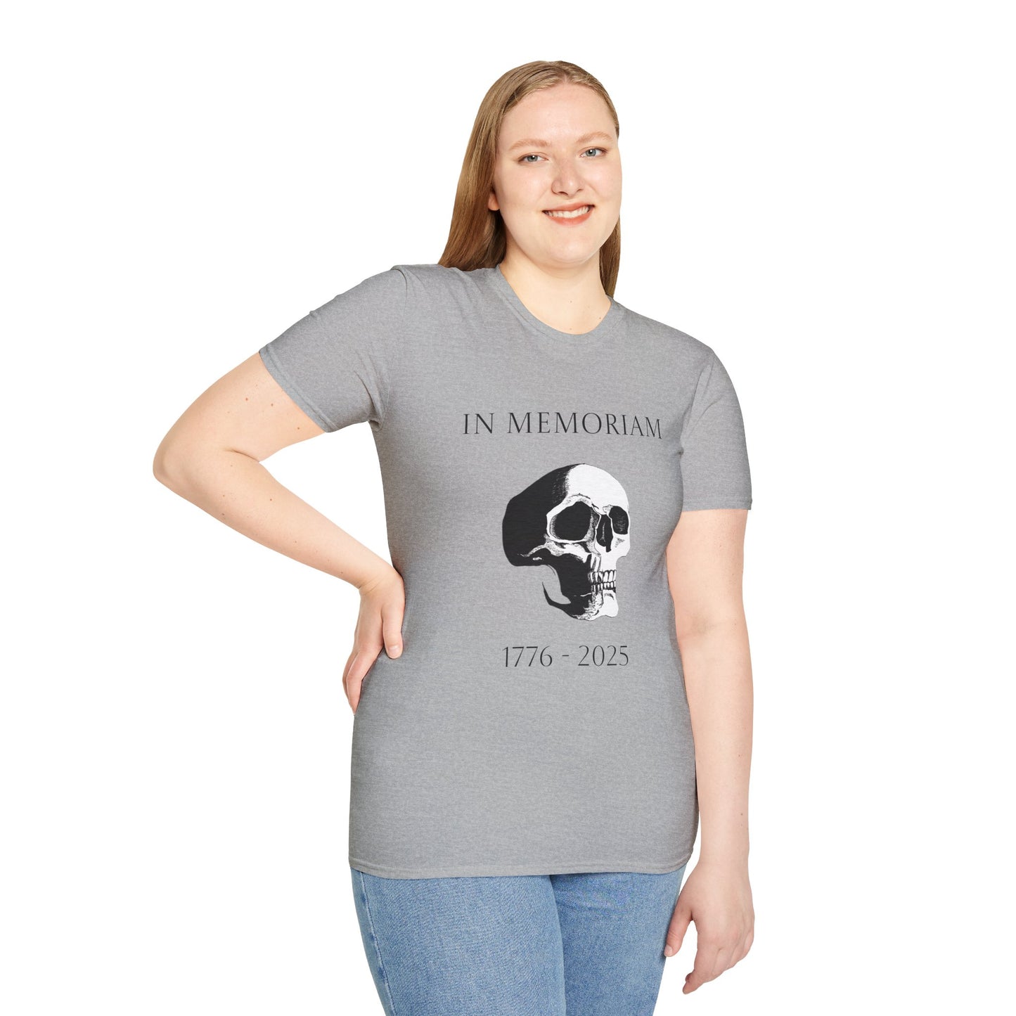 In Memoriam Skull Graphic T-Shirt, Unisex Casual Tee in Remembrance for the Death of Liberty