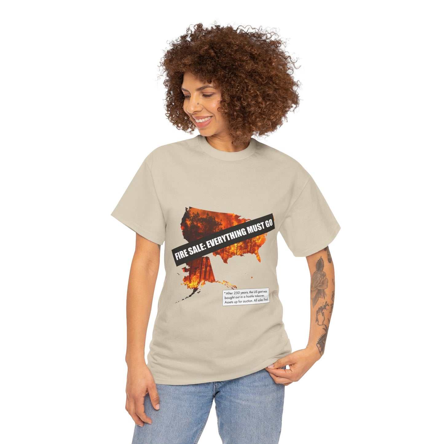 250th anniversary T-Shirt — USA on Fire Graphic Tee with “Fire Sale: Everything Must Go” Text