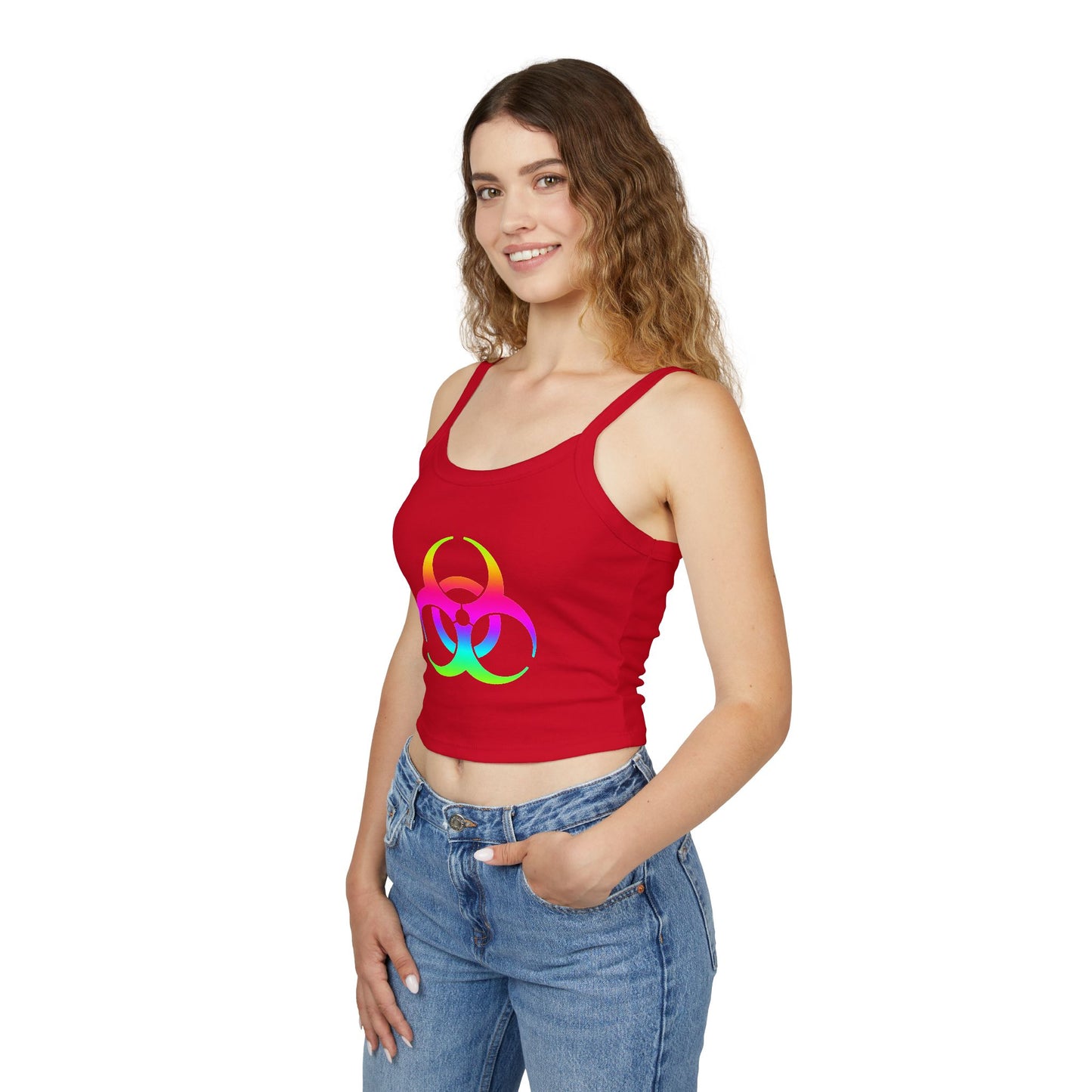 Rainbow Biohazard Crop Tank Top – Neon Hazard Symbol Spaghetti Strap