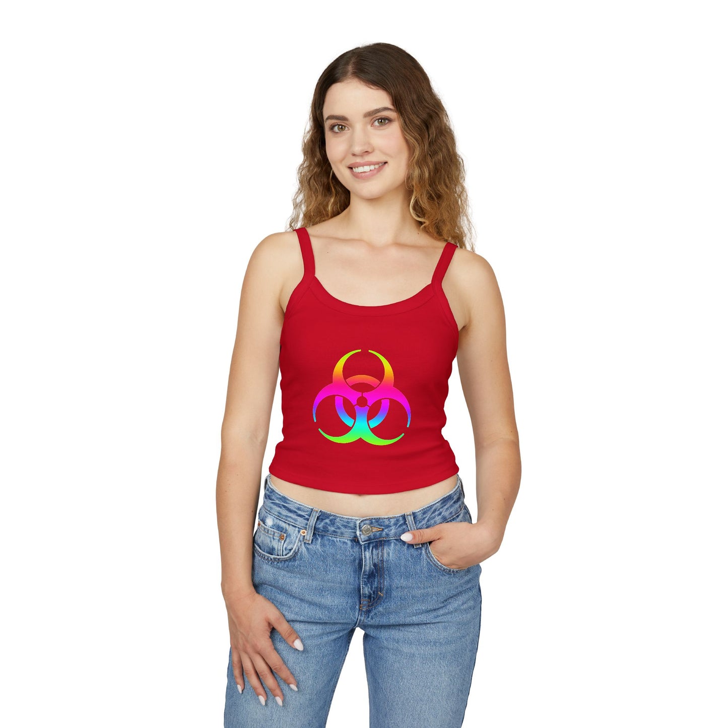 Rainbow Biohazard Crop Tank Top – Neon Hazard Symbol Spaghetti Strap
